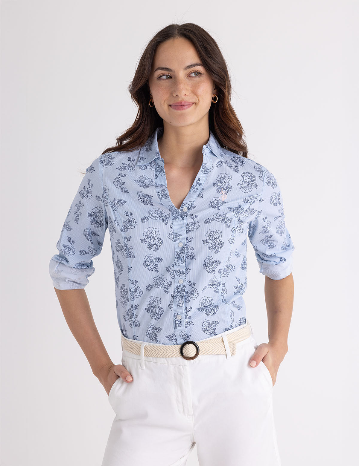 Women's Printed Long Sleeve Fitted Poplin Shirt