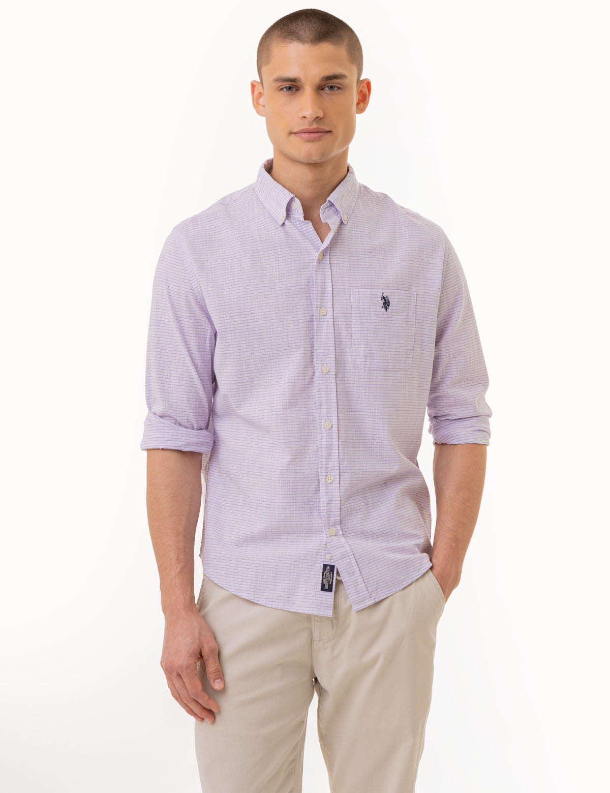 Men's Cotton Long Sleeve Striped Button-Up Shirt
