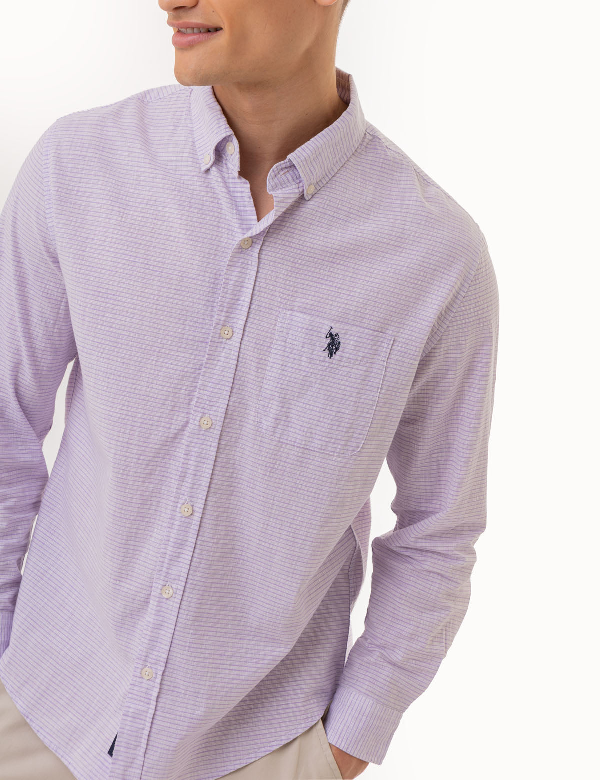 Men's Cotton Long Sleeve Striped Button-Up Shirt