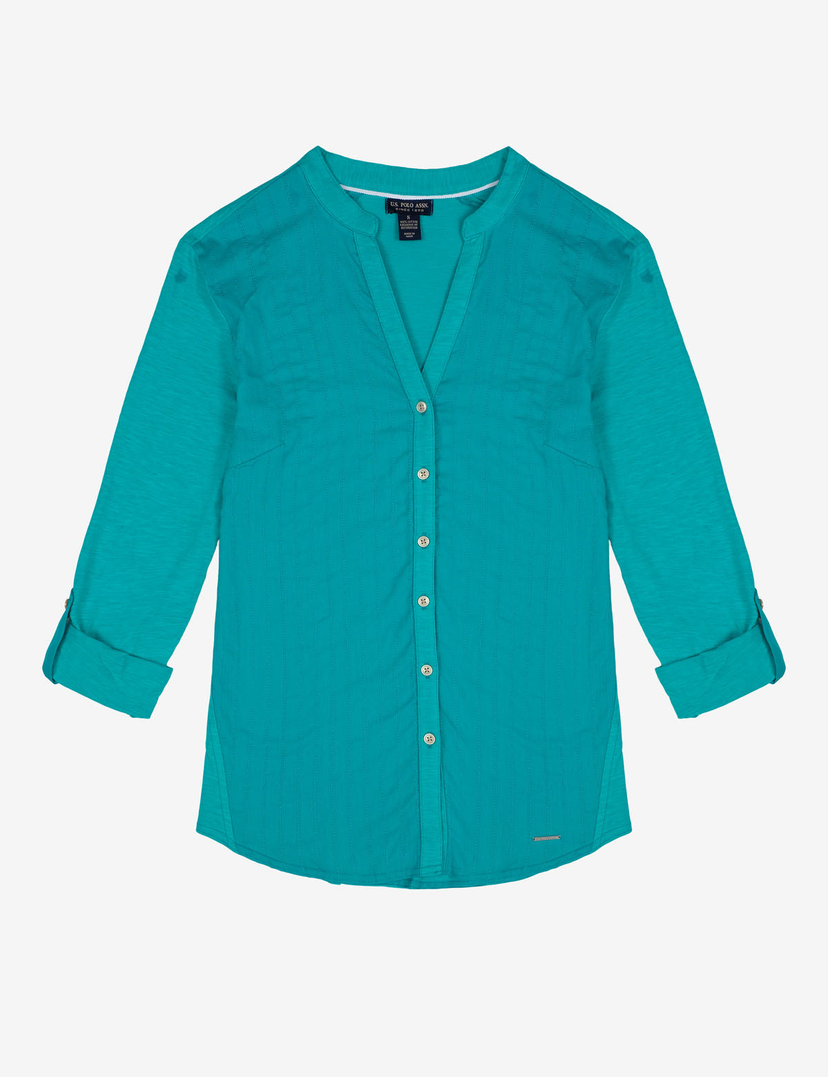 Long Sleeve Jersey Button-Up Shirt with V-Neck