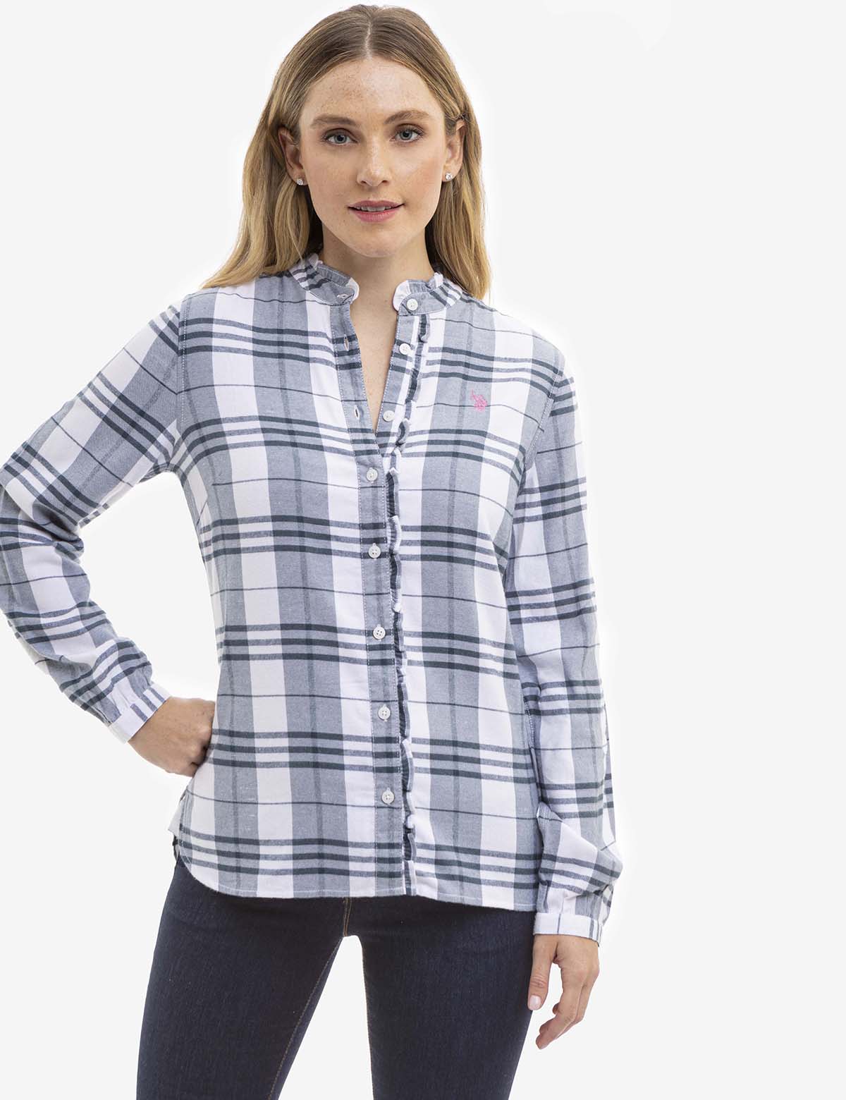 Women's Long Sleeve Ruffle Plaid Blouse