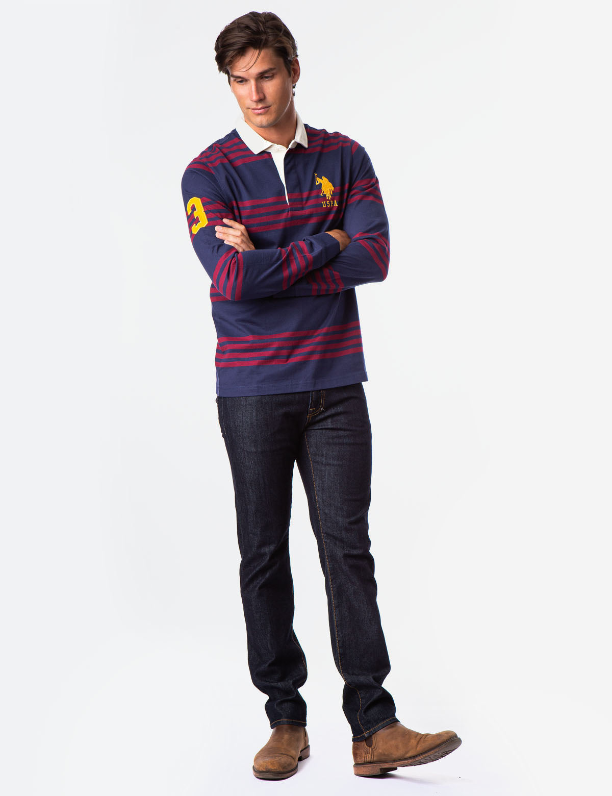 Men's Long Sleeve Rugby Polo Shirt with Embroidered Logo & Stripe Design