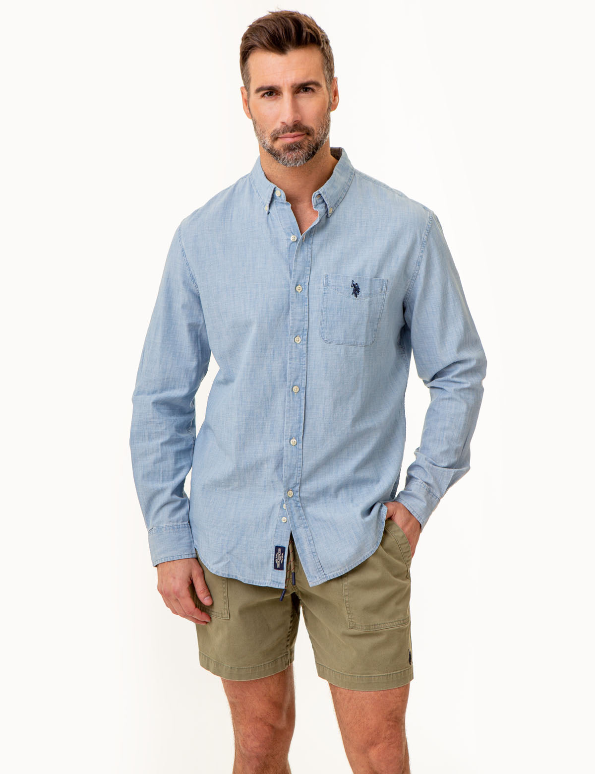 Men's Long Sleeve Chambray Shirt - Cotton Woven Casual Top