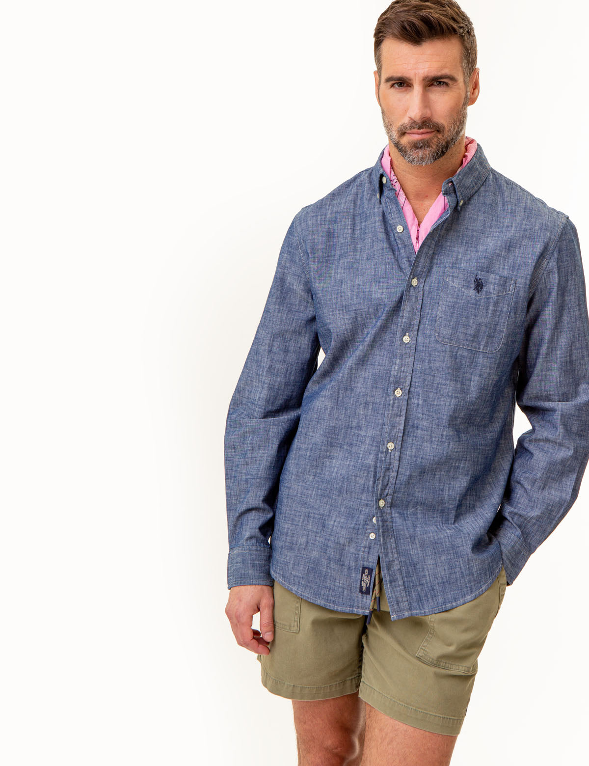 Men's Long Sleeve Chambray Shirt - Cotton Woven Casual Top