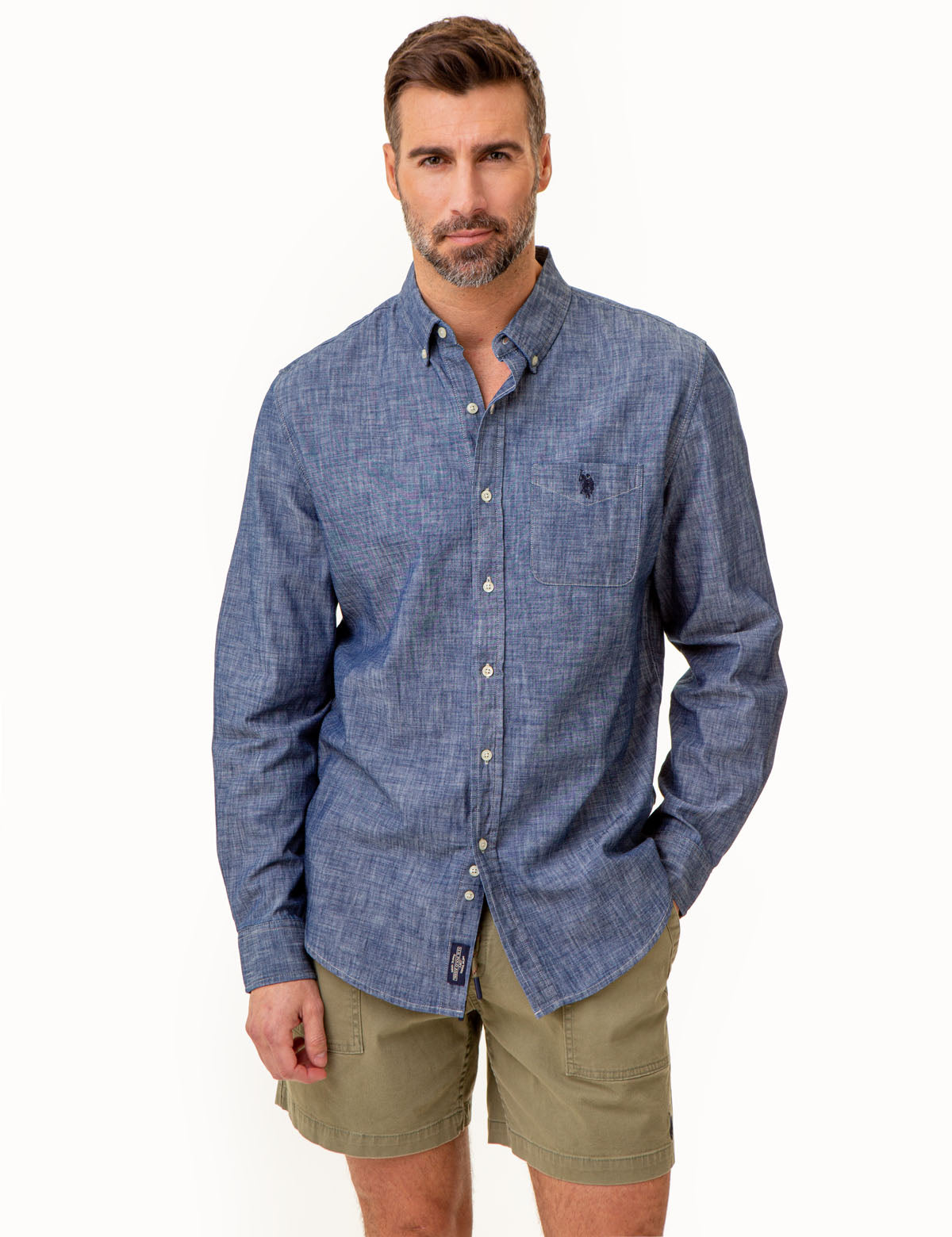 Men's Long Sleeve Chambray Shirt - Cotton Woven Casual Top