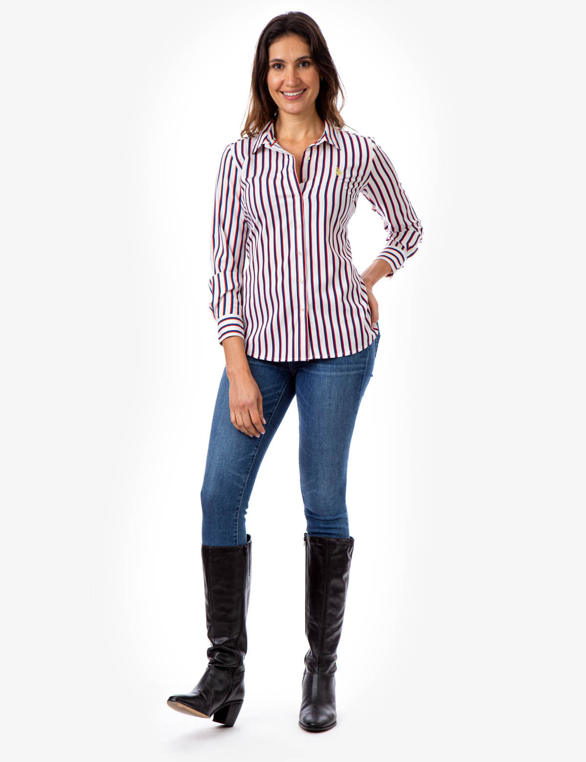 Women's Long Sleeve Striped Shirt with Tie Waist