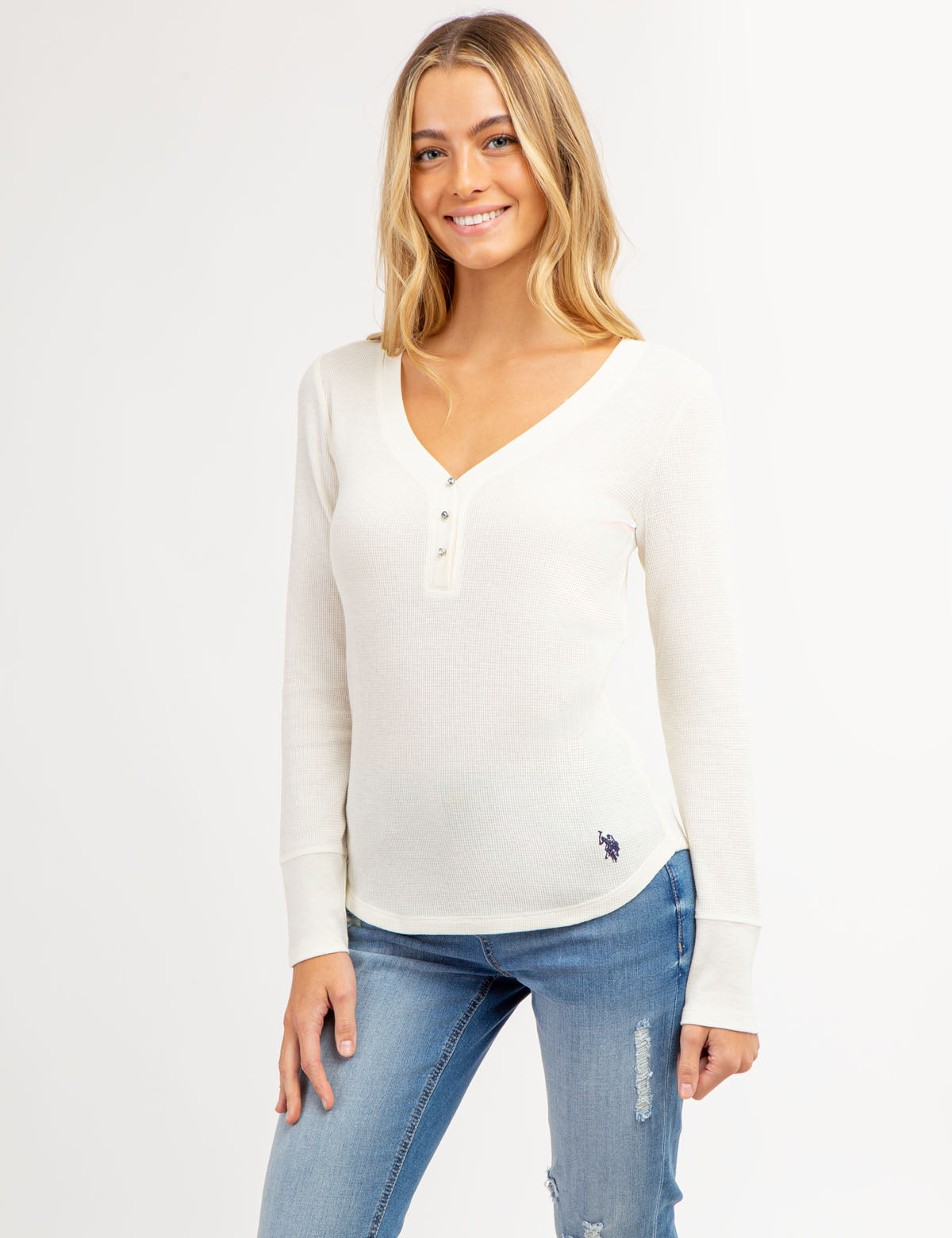 Women's Rhinestone Button Waffle Knit Henley Top