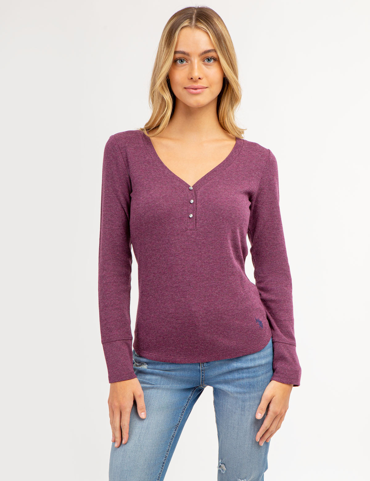 Women's Rhinestone Button Waffle Knit Henley Top