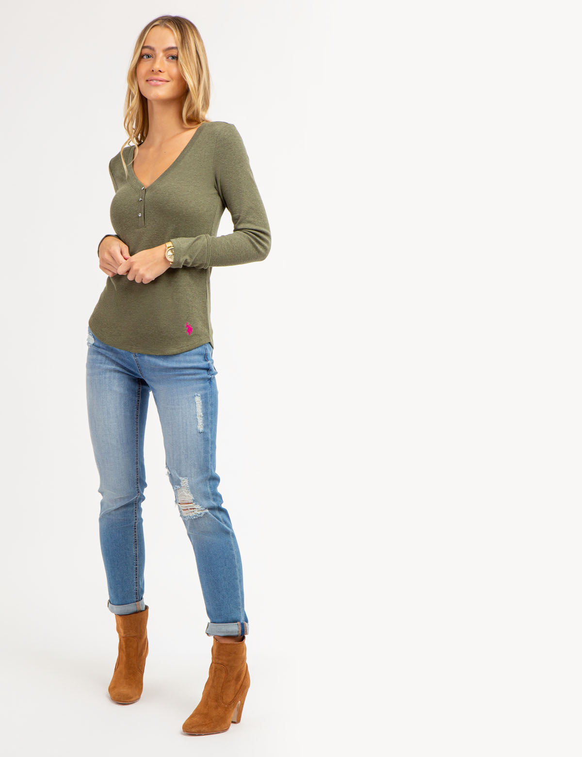 Women's Rhinestone Button Waffle Knit Henley Top