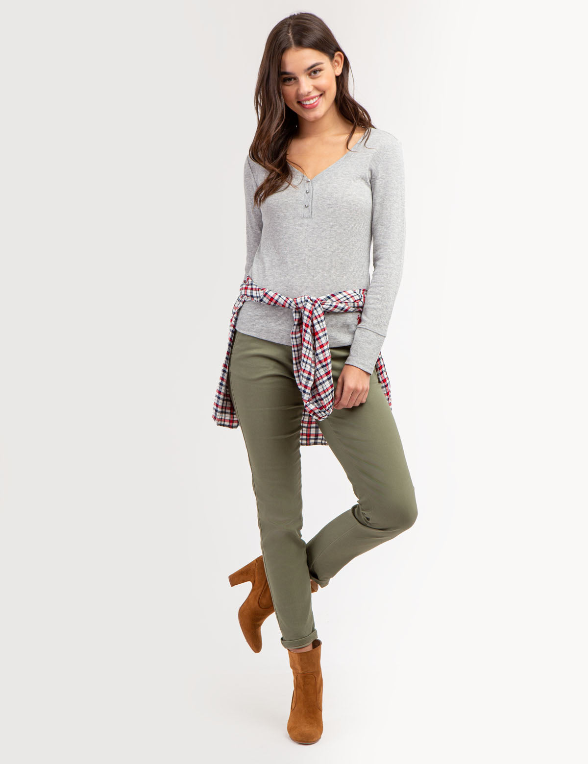 Women's Rhinestone Button Waffle Knit Henley Top