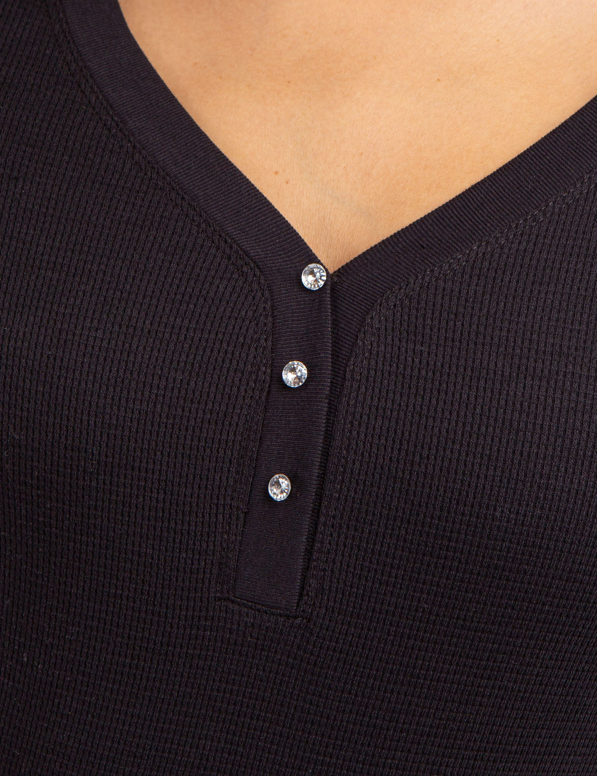 Women's Rhinestone Button Waffle Knit Henley Top