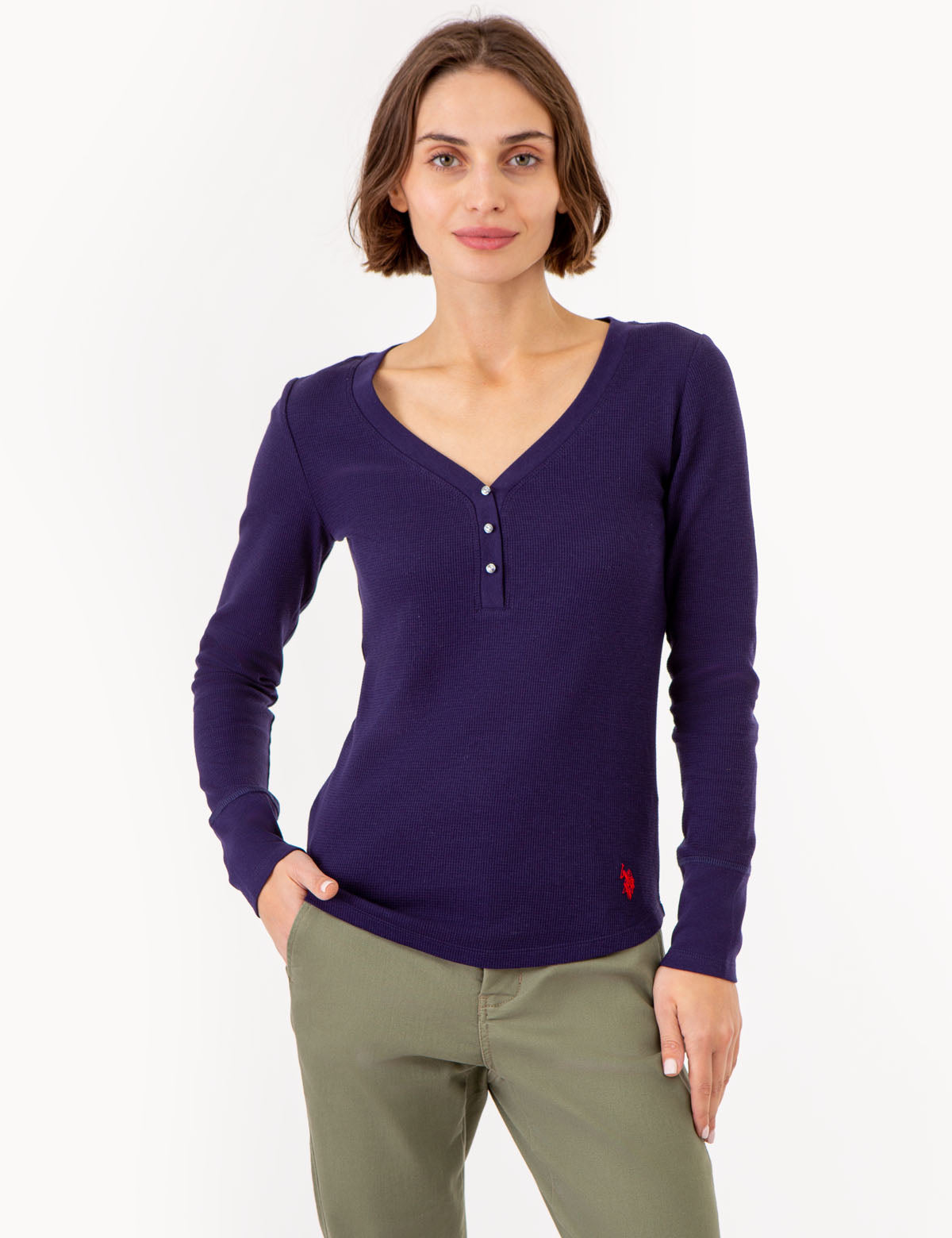 Women's Rhinestone Button Waffle Knit Henley Top