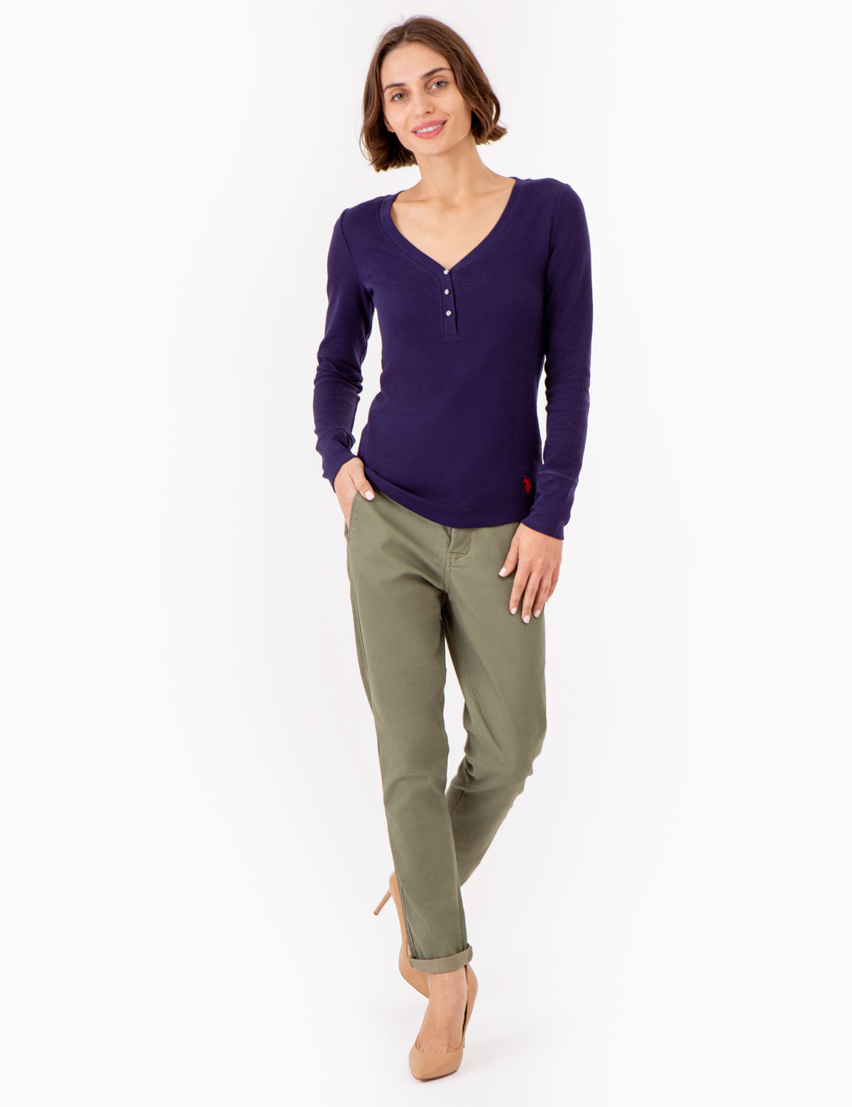 Women's Rhinestone Button Waffle Knit Henley Top