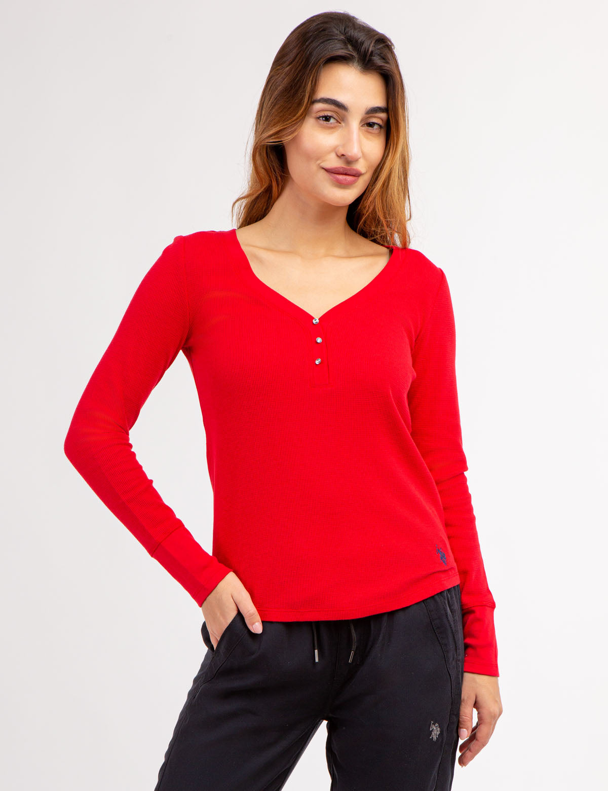 Women's Rhinestone Button Waffle Knit Henley Top