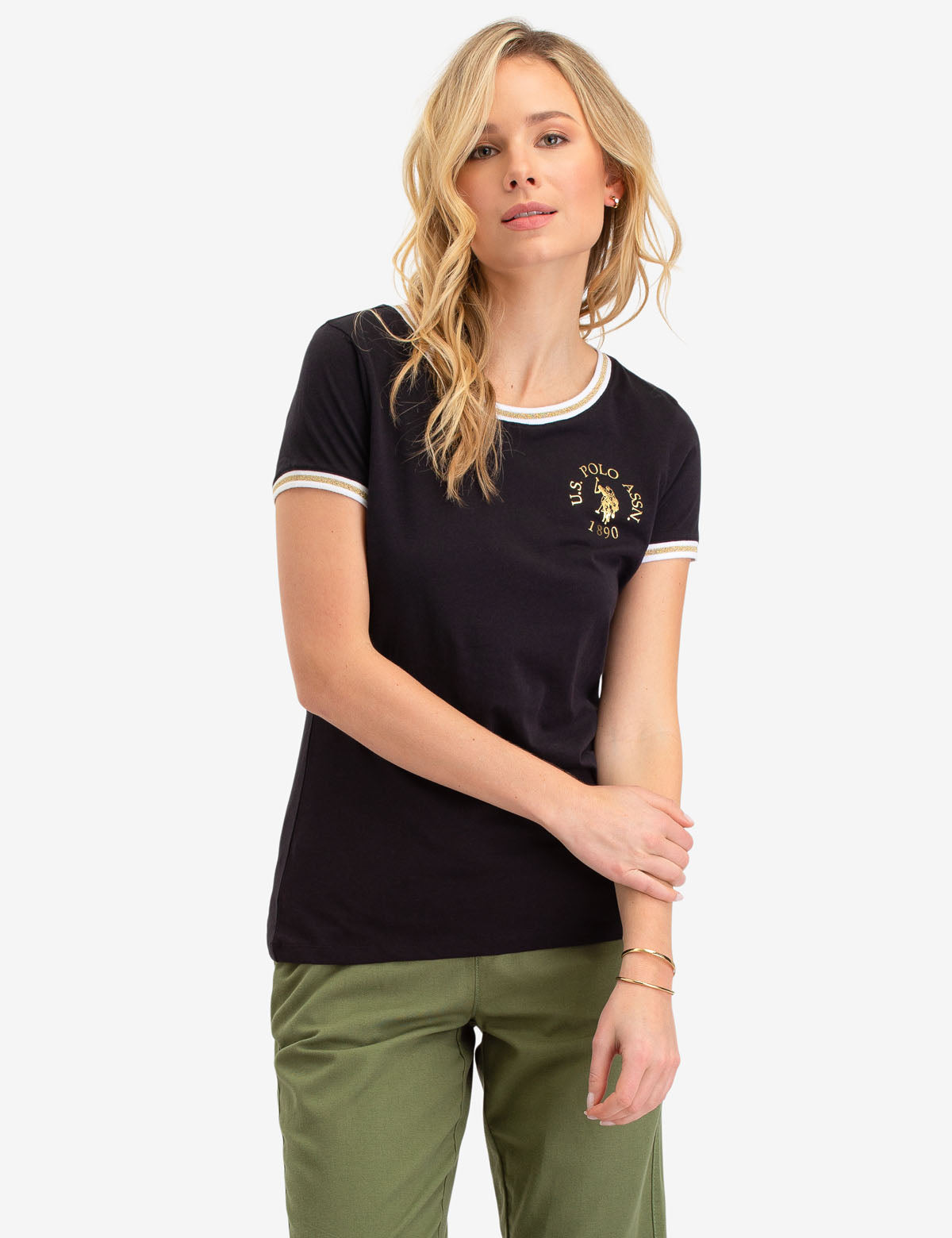 Lurex Metallic Ringer T-Shirt with Graphic Logo - Short Sleeve Round Neck