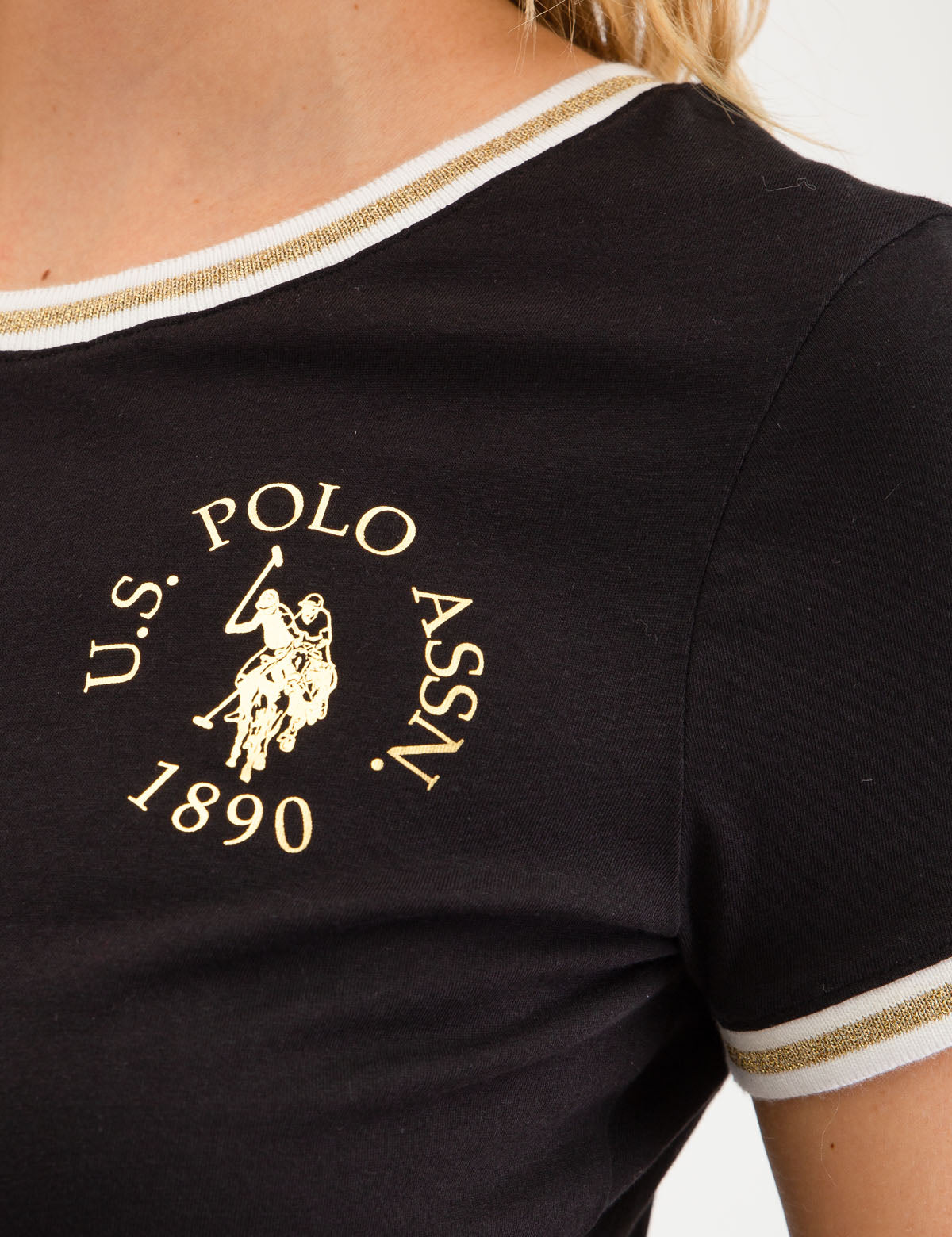 Lurex Metallic Ringer T-Shirt with Graphic Logo - Short Sleeve Round Neck