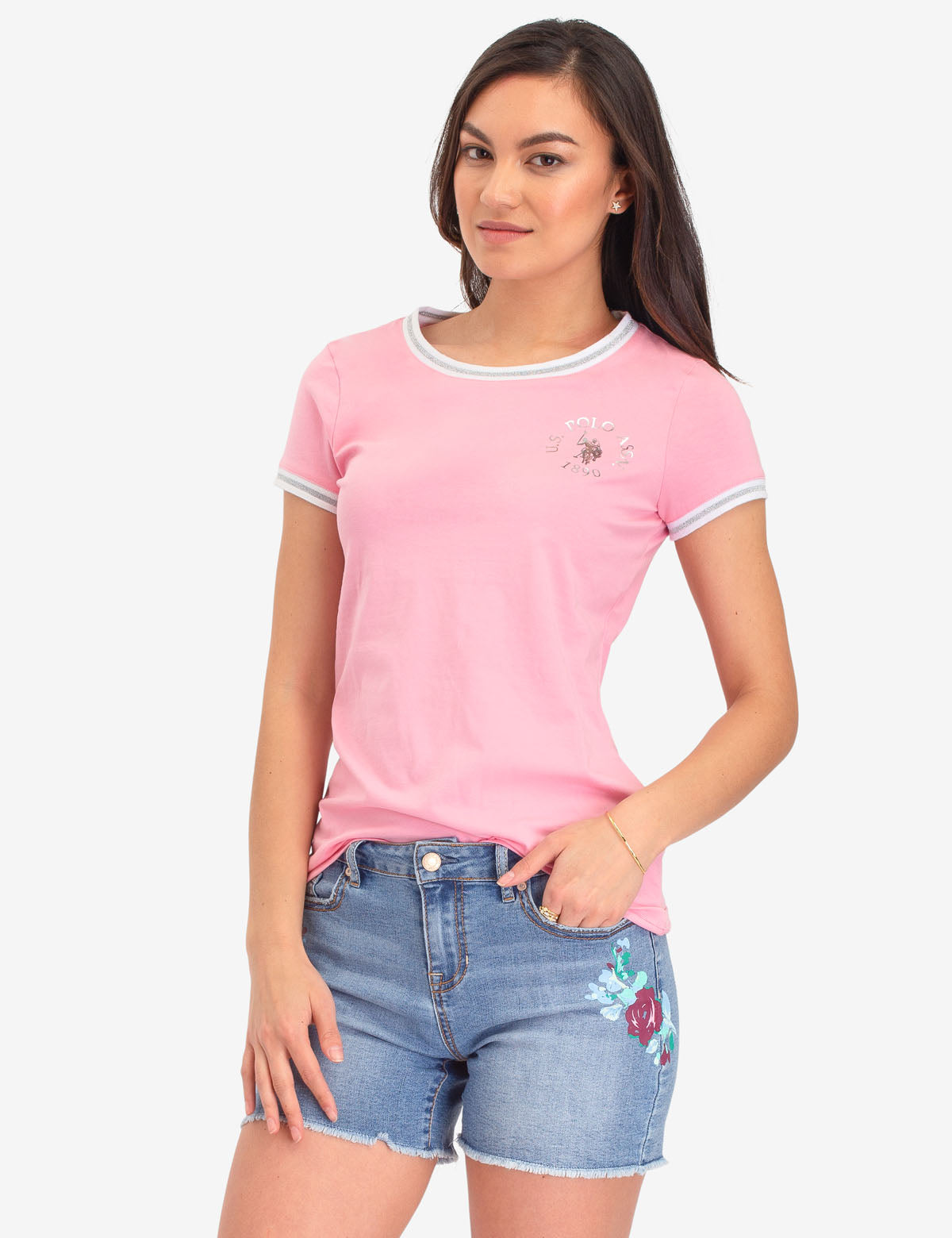 Lurex Metallic Ringer T-Shirt with Graphic Logo - Short Sleeve Round Neck