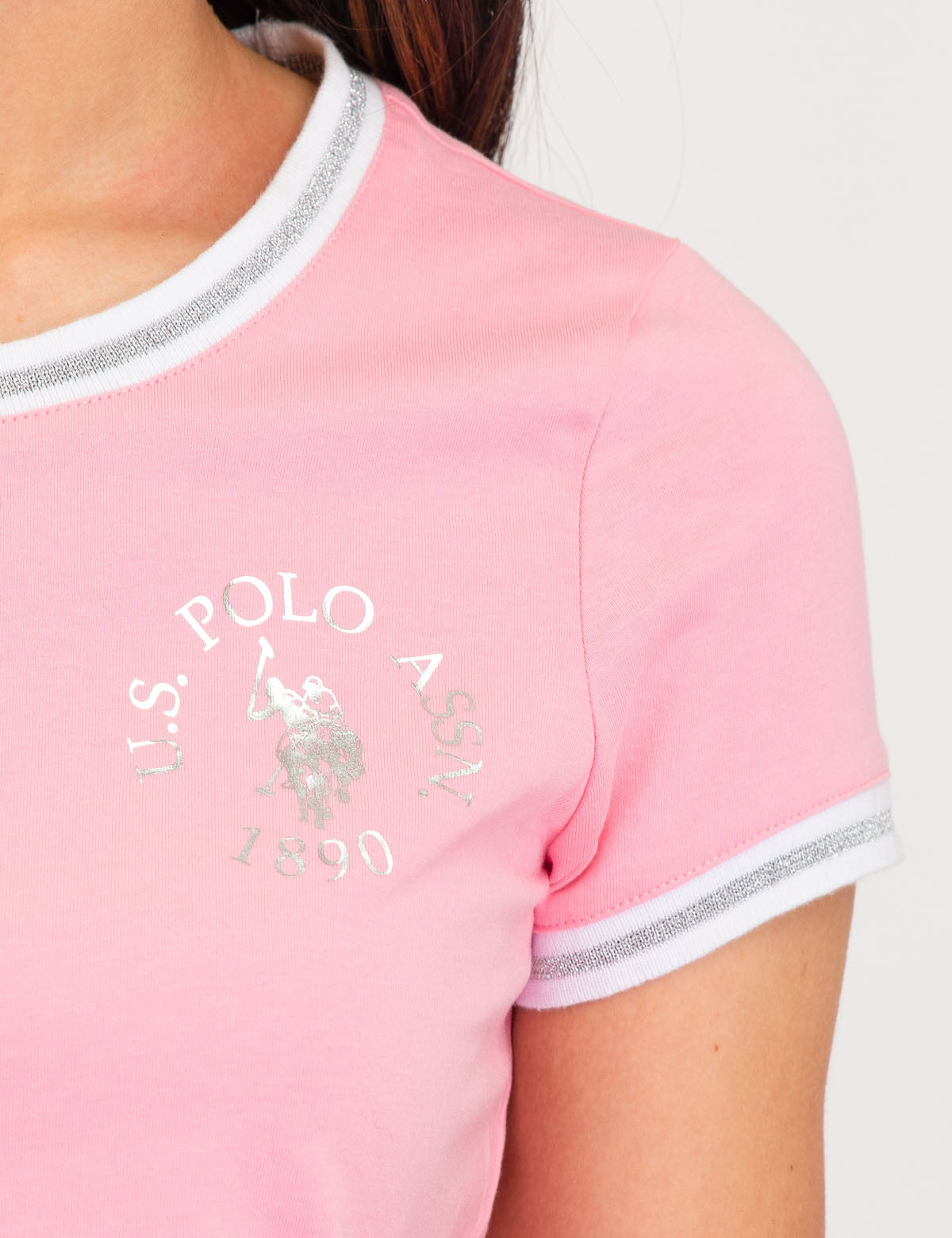 Lurex Metallic Ringer T-Shirt with Graphic Logo - Short Sleeve Round Neck