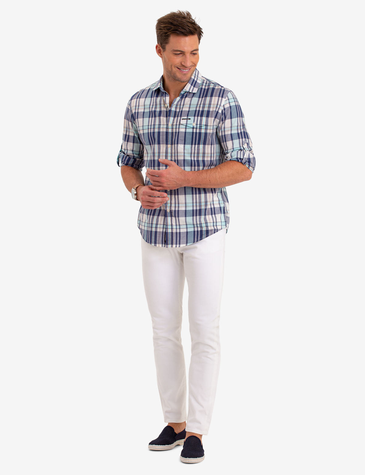 Men's Madras Plaid Cotton Long Sleeve Shirt