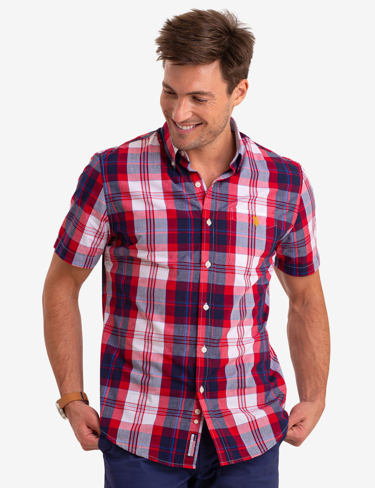 Men's Madras Plaid Cotton Short Sleeve Shirt