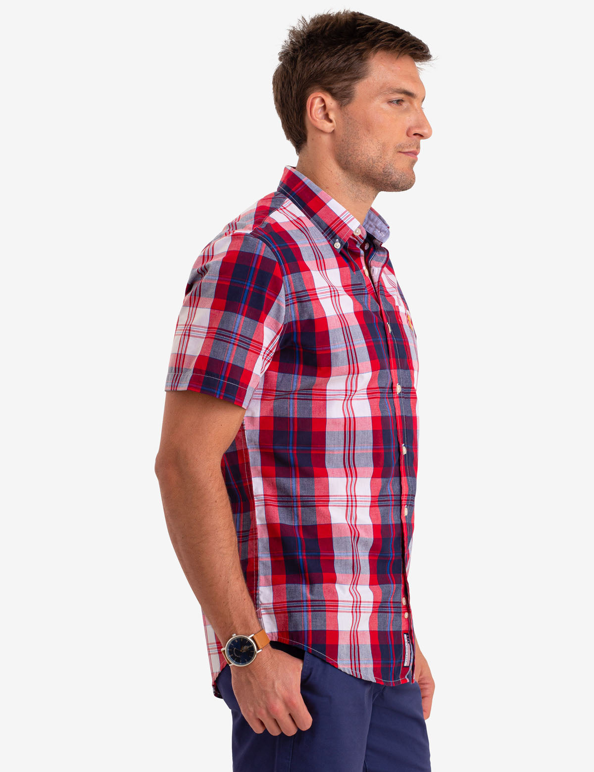 Men's Madras Plaid Cotton Short Sleeve Shirt