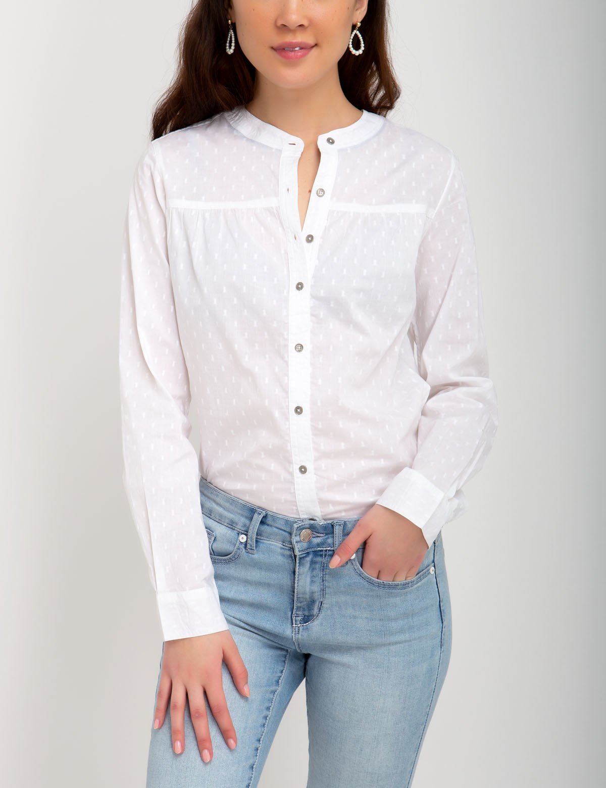 Women's Mandarin Collar Dobby Blouse - Long Sleeve Casual Top