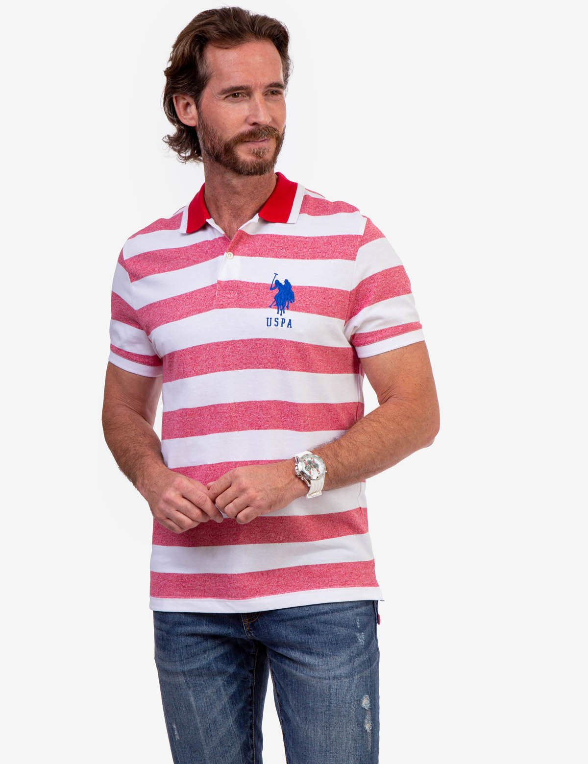 Men's Marled Pique Stripe Polo Shirt with Embroidered Logo