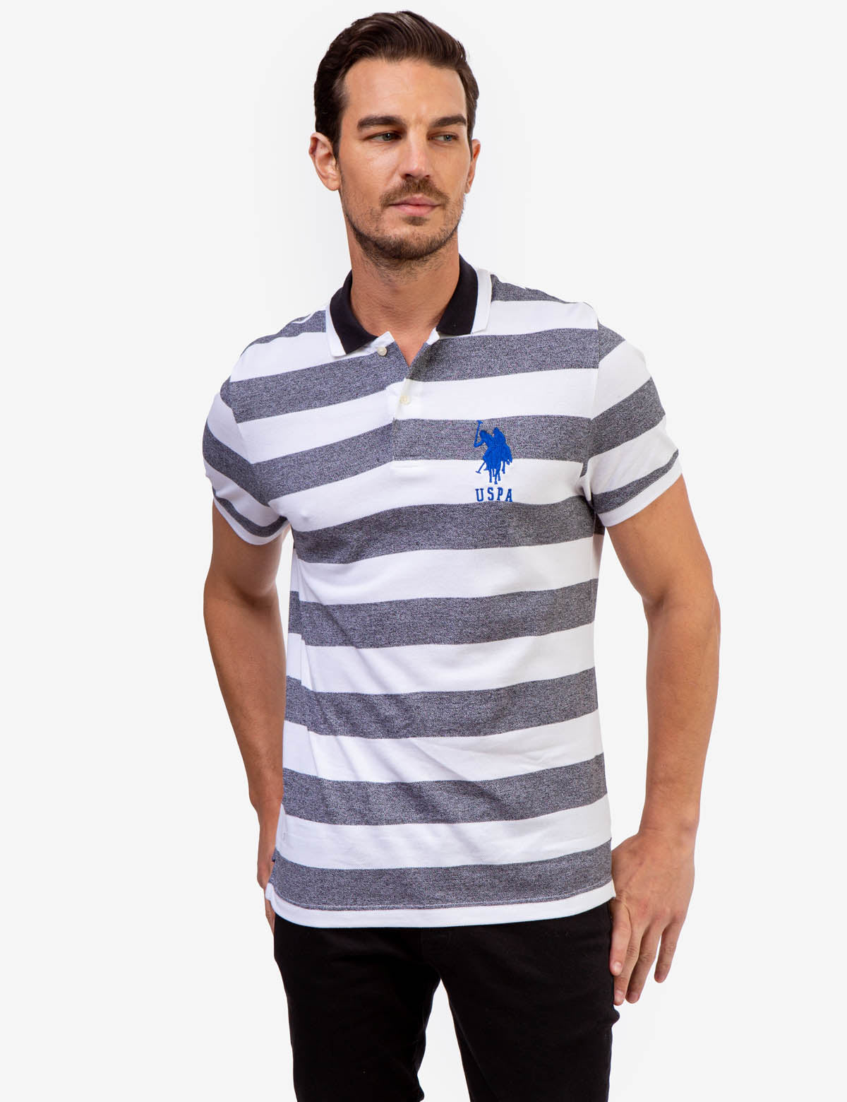 Men's Marled Pique Stripe Polo Shirt with Embroidered Logo