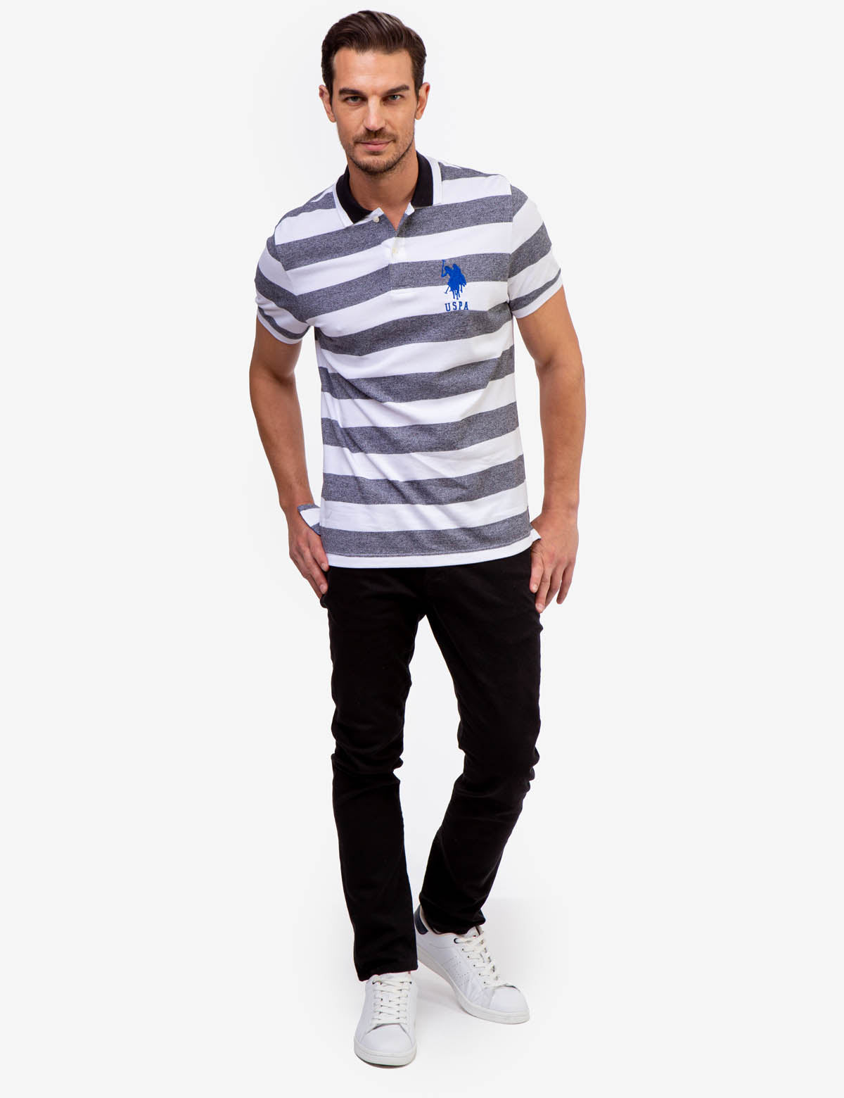 Men's Marled Pique Stripe Polo Shirt with Embroidered Logo