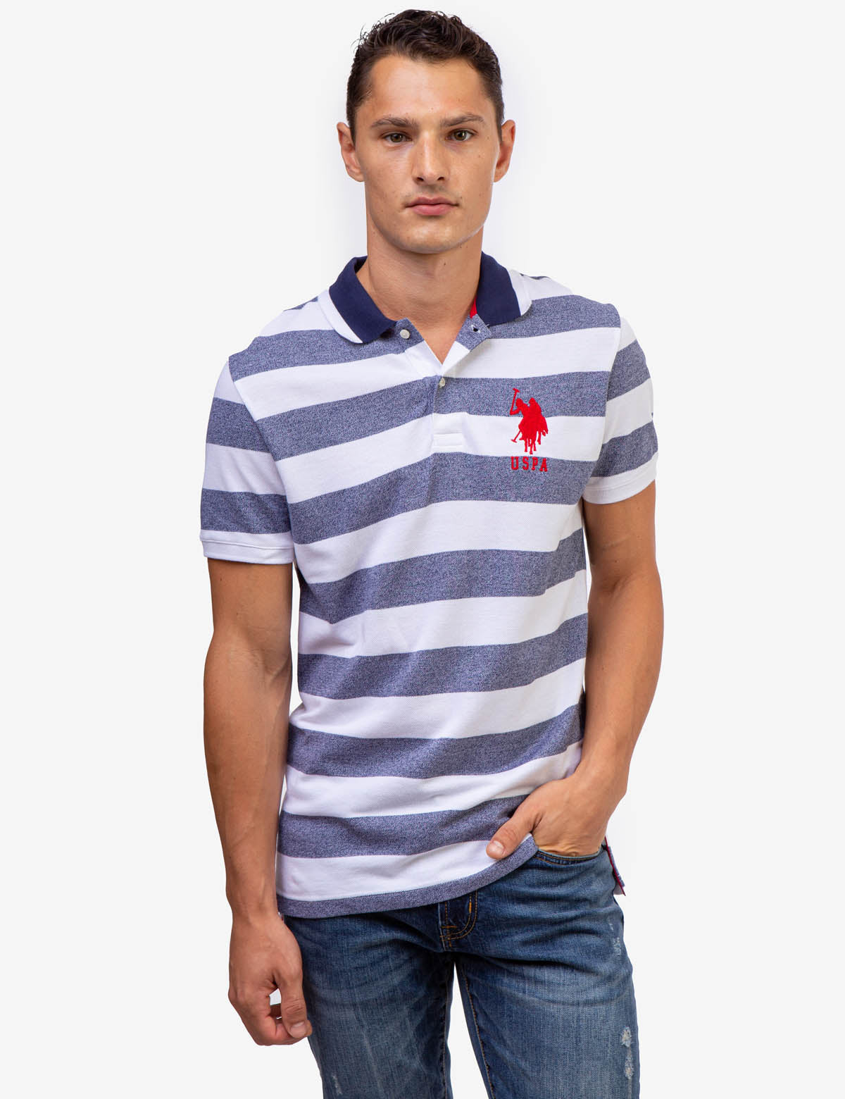 Men's Marled Pique Stripe Polo Shirt with Embroidered Logo