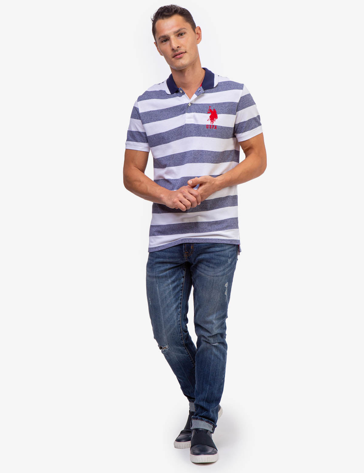 Men's Marled Pique Stripe Polo Shirt with Embroidered Logo