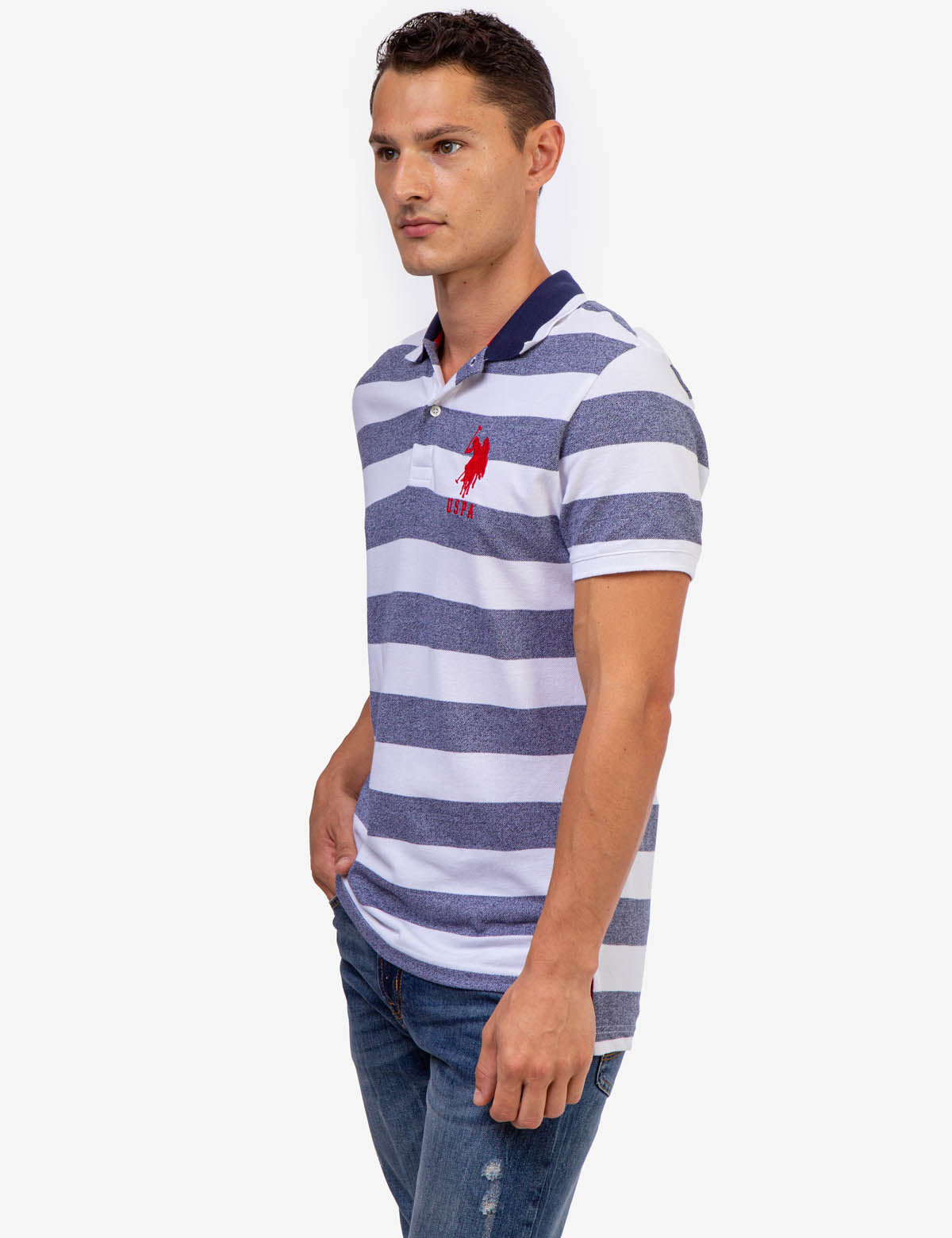 Men's Marled Pique Stripe Polo Shirt with Embroidered Logo