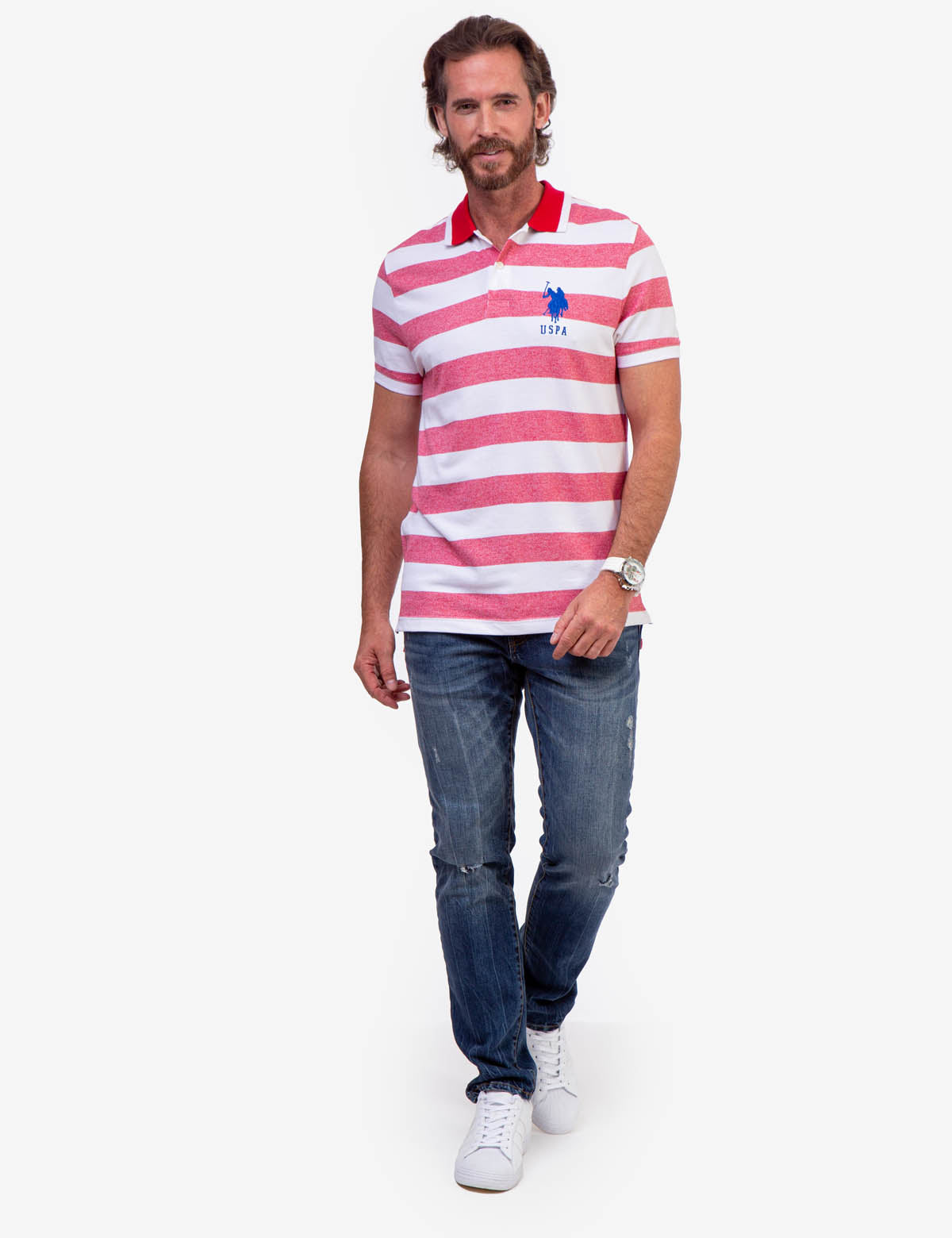 Men's Marled Pique Stripe Polo Shirt with Embroidered Logo