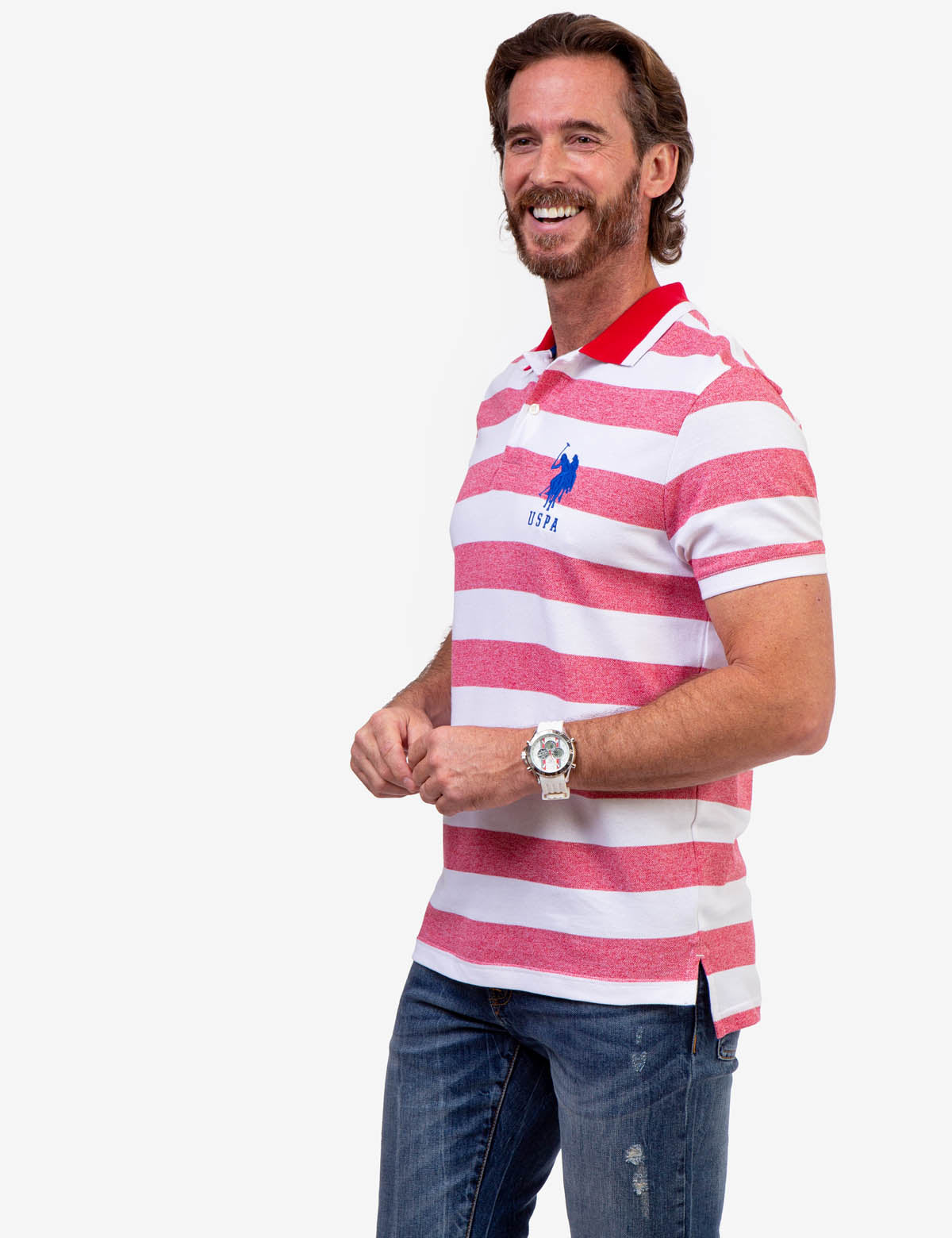 Men's Marled Pique Stripe Polo Shirt with Embroidered Logo