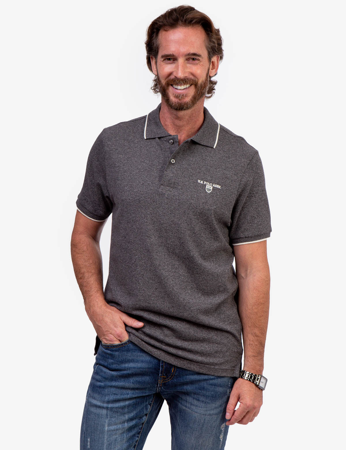 U.S. Polo Assn. Cotton Marled Yarn Polo Shirt with Embroidered Crest
