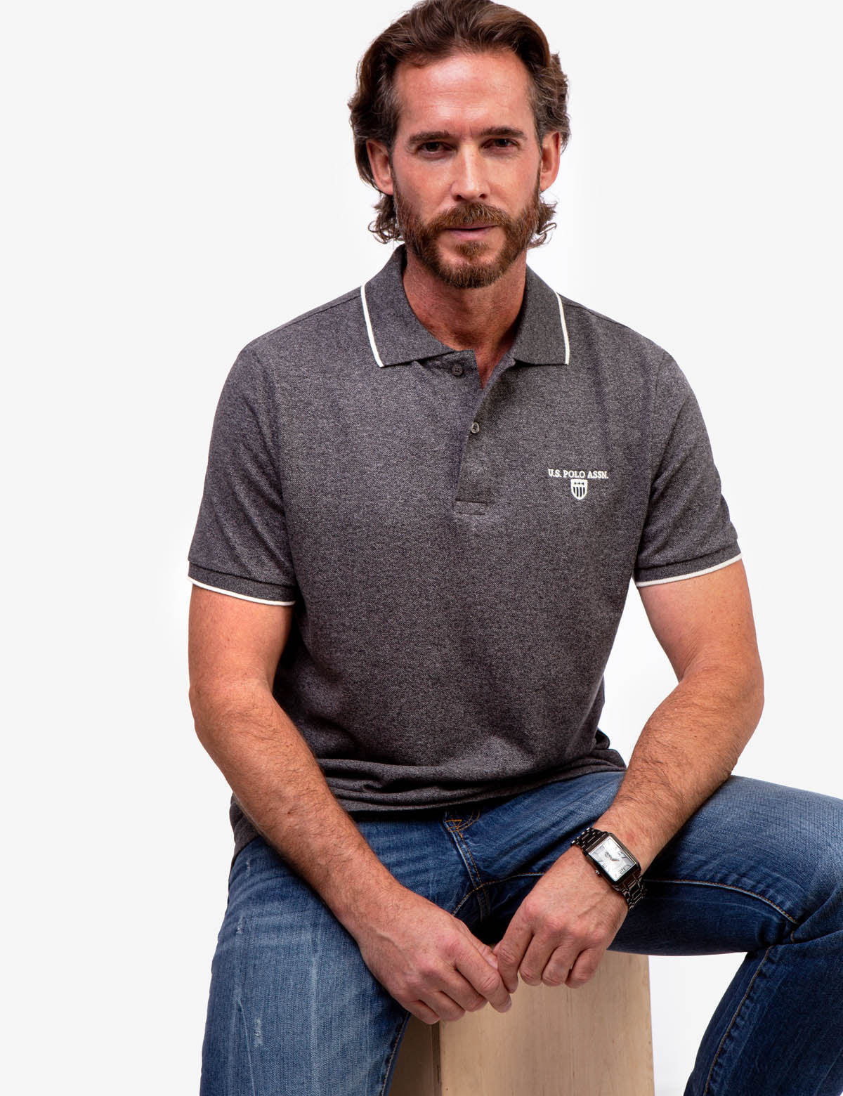 U.S. Polo Assn. Cotton Marled Yarn Polo Shirt with Embroidered Crest