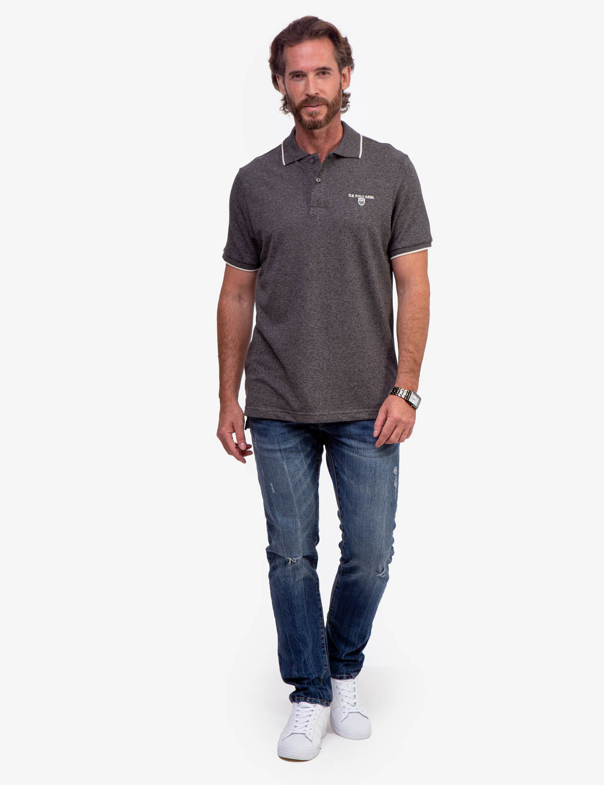 U.S. Polo Assn. Cotton Marled Yarn Polo Shirt with Embroidered Crest