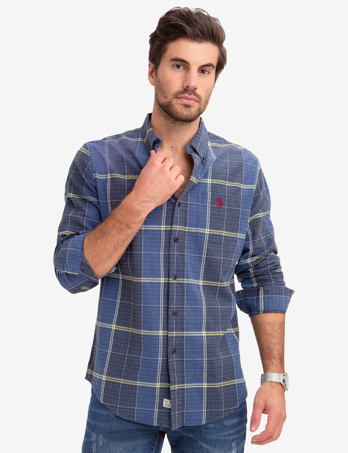 Men's Cotton Plaid Shirt with Embroidered Logo