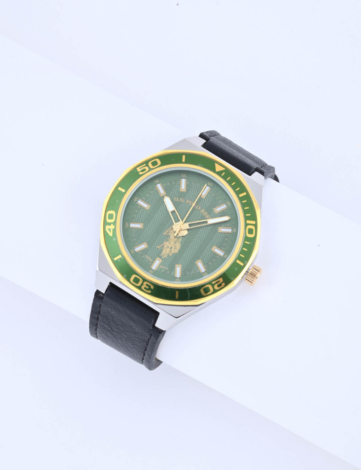 Men's Black Leather Strap Green Dial Analog Watch