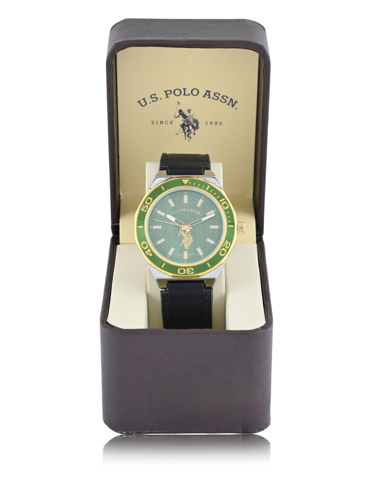 Men's Black Leather Strap Green Dial Analog Watch