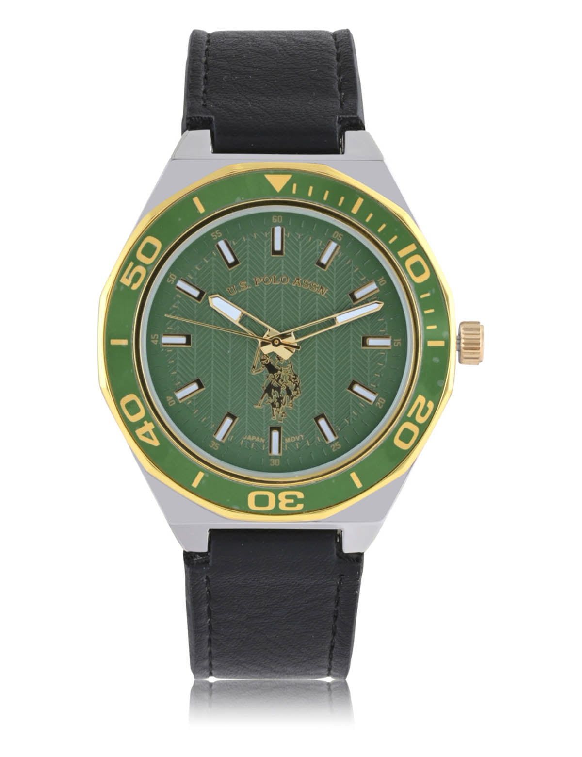 Men's Black Leather Strap Green Dial Analog Watch