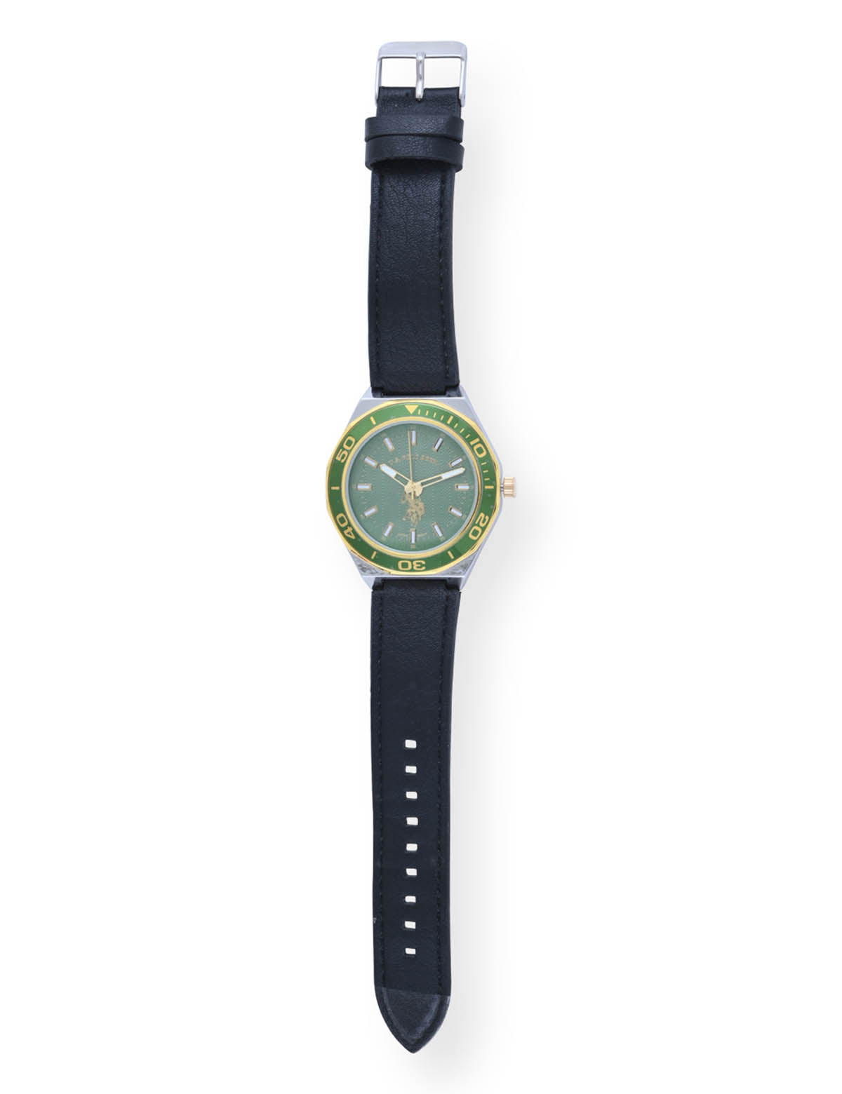 Men's Black Leather Strap Green Dial Analog Watch