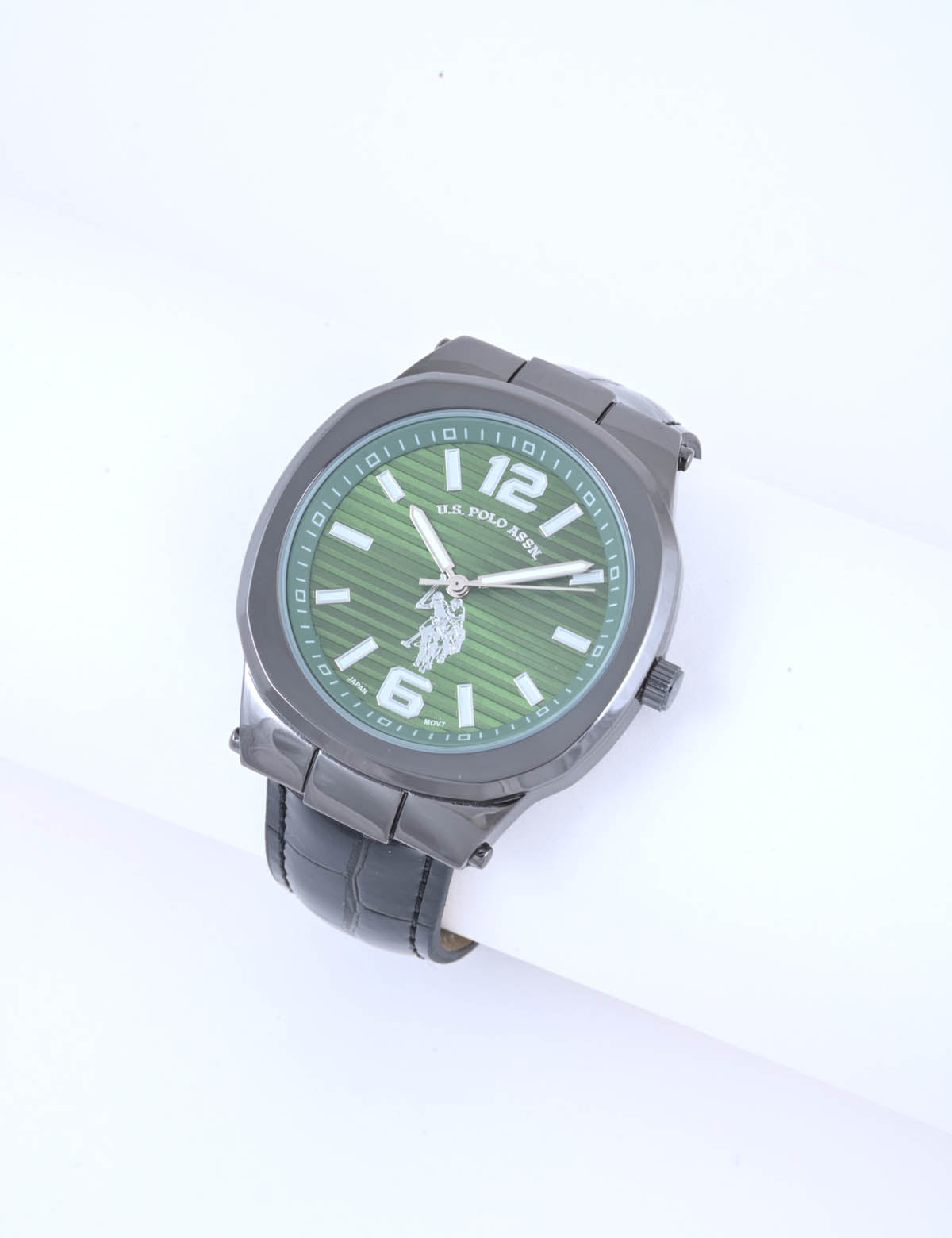 Men's Black Leather Strap Green Dial Analog Watch