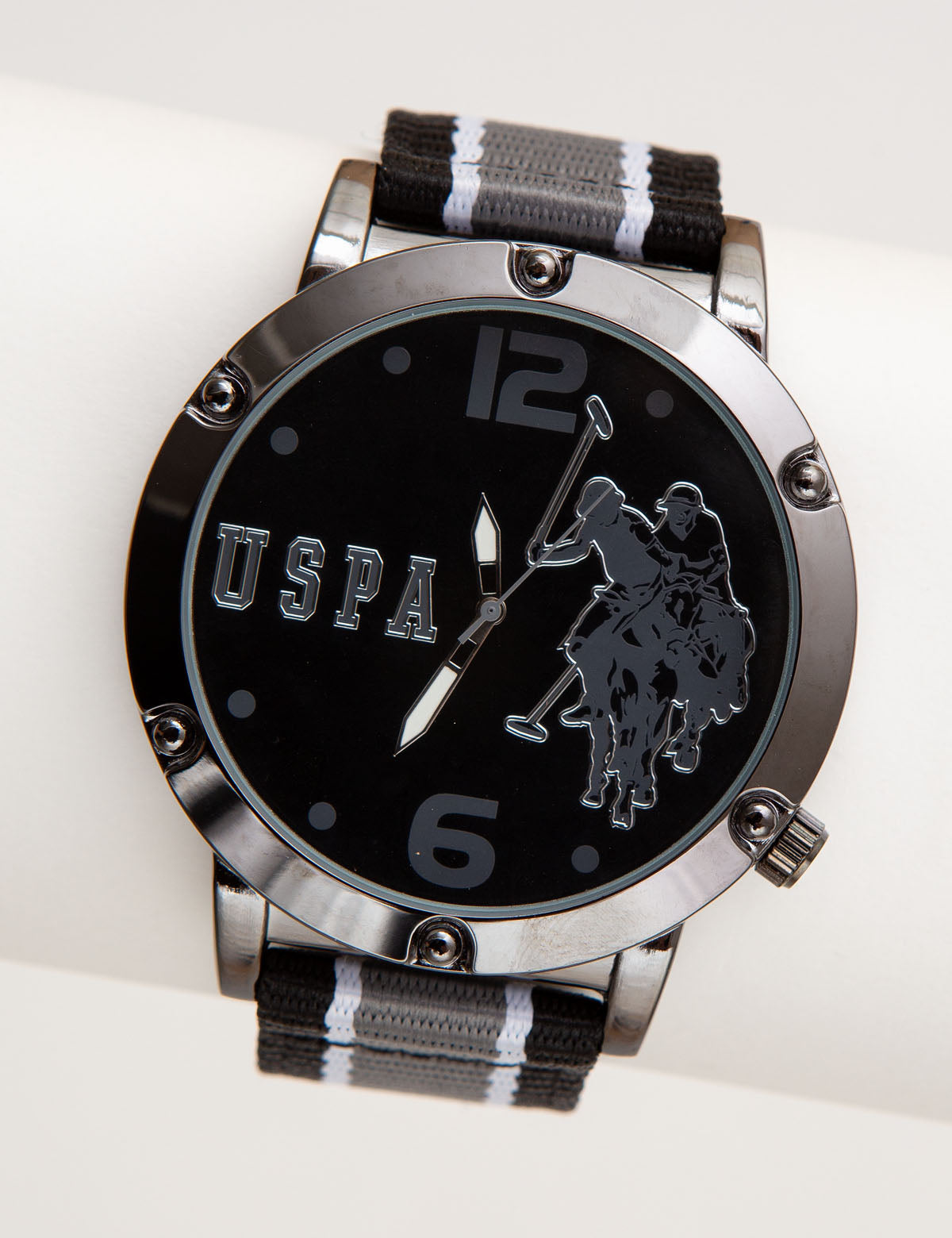 USPA Men's Logo Stripe Strap Watch – Analog Silver Case & Black Dial
