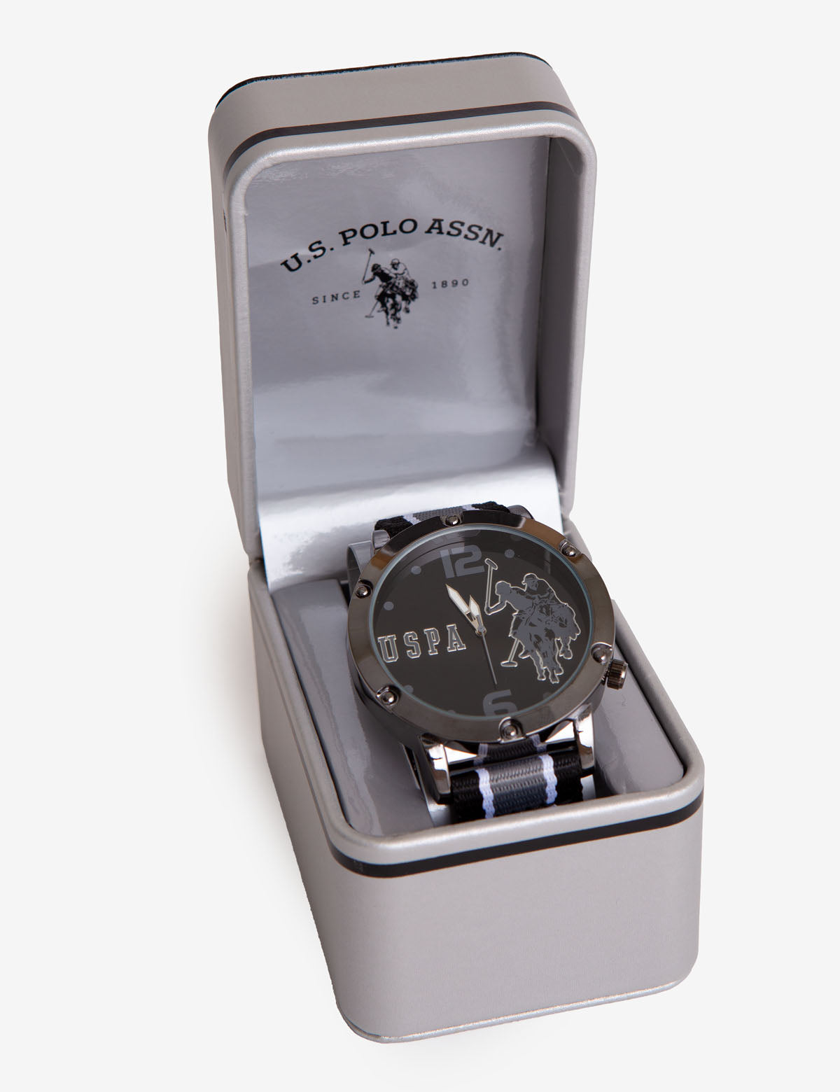 USPA Men's Logo Stripe Strap Watch – Analog Silver Case & Black Dial