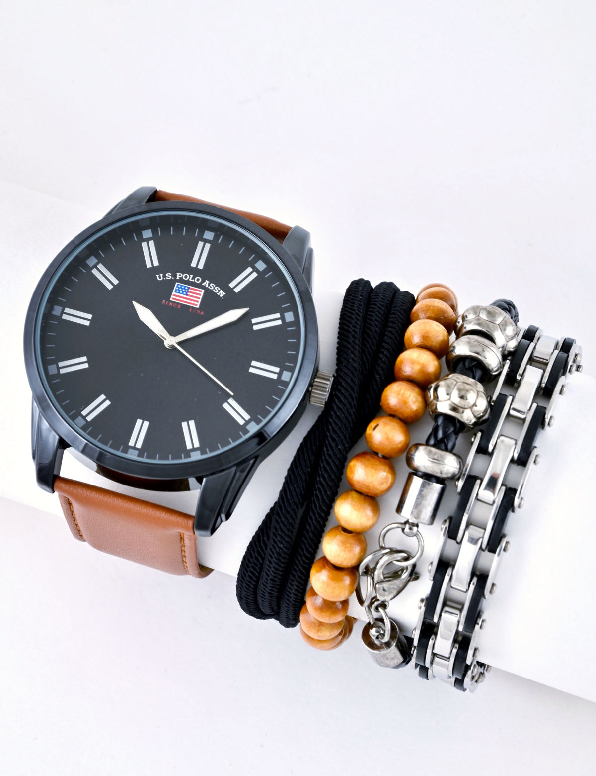 Men's Oversized Black & Brown Watch & Bracelet Set