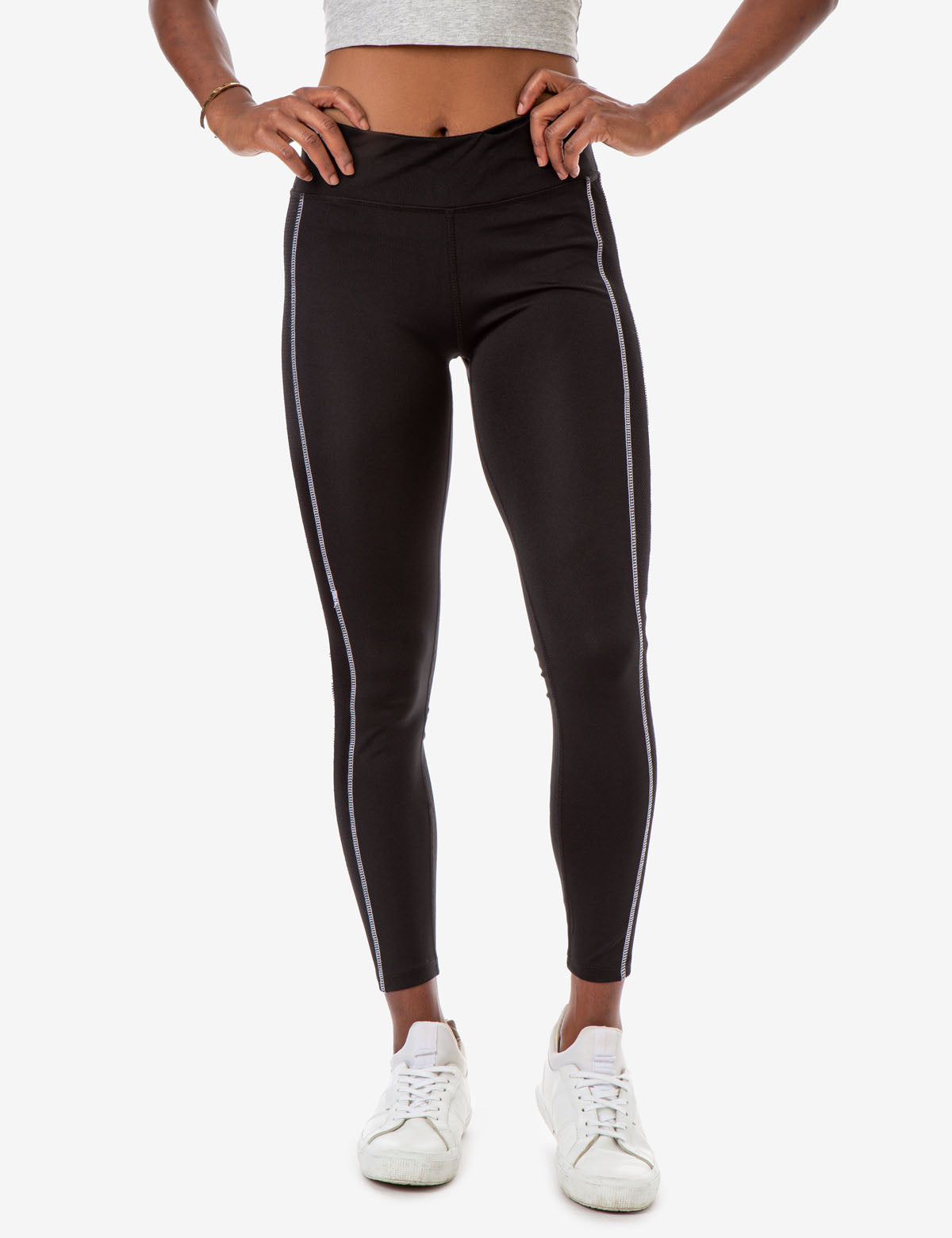 High-Waist Mesh Panel Leggings with Contrast Seams