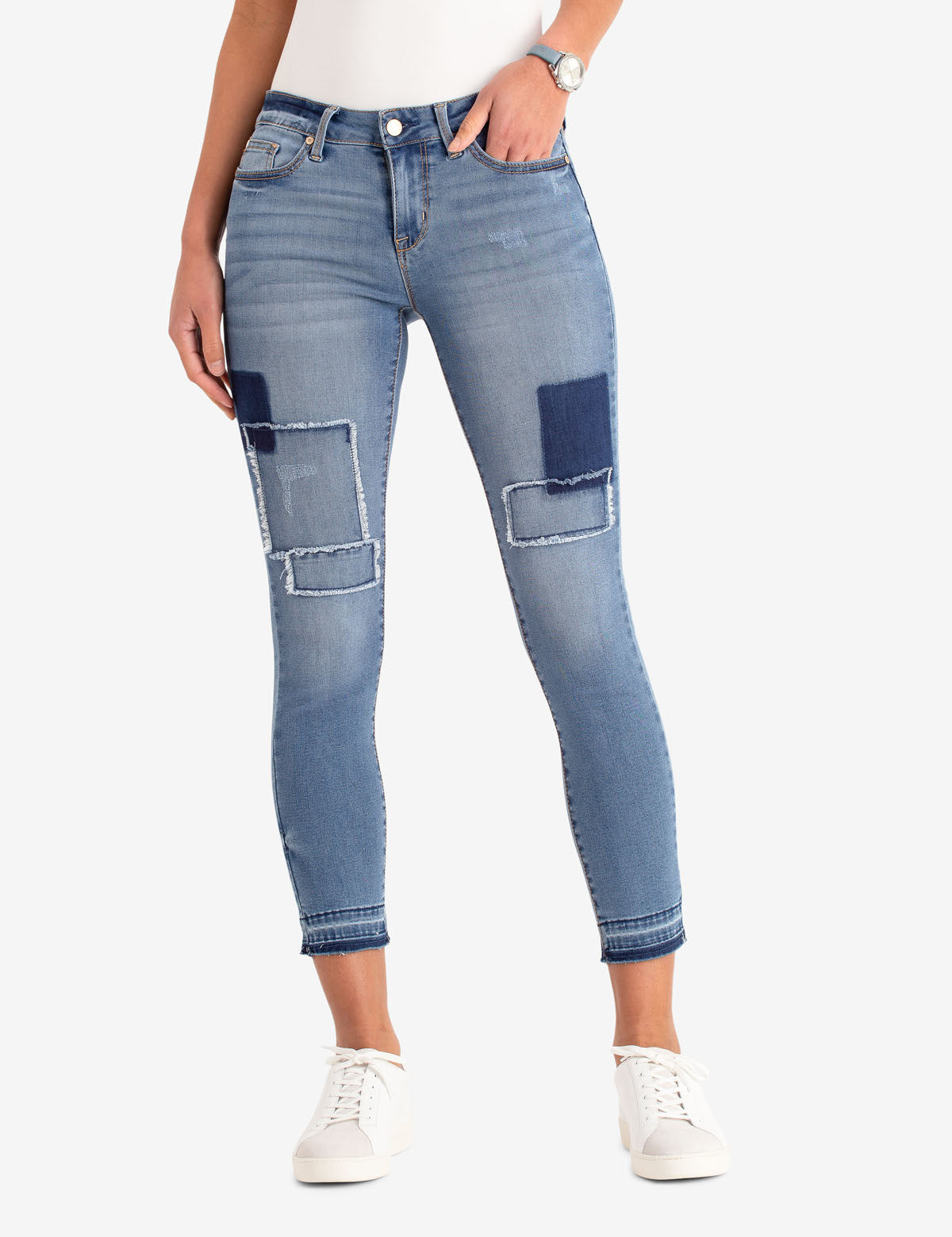 Women's Mid Rise Super Skinny Patched Jeans - Stretch Denim