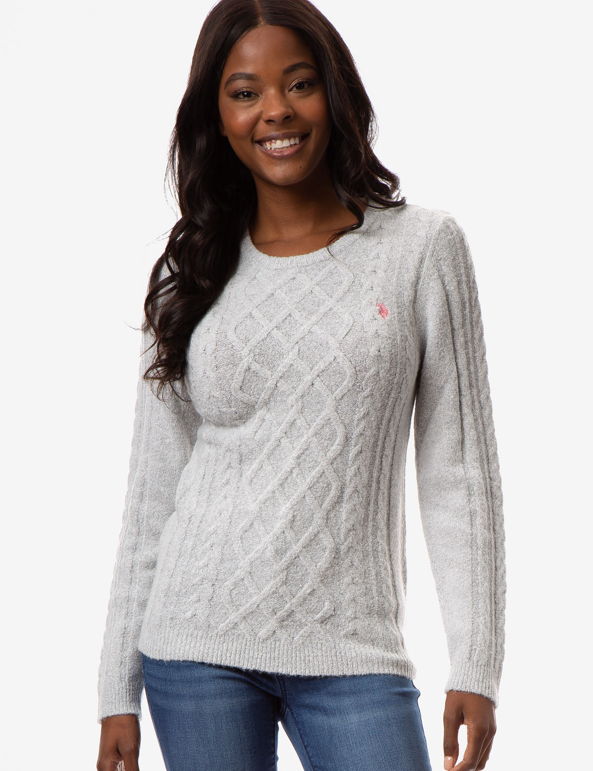 Mixed Cable Knit Sweater with Ribbed Crew Neck & Embroidered Logo