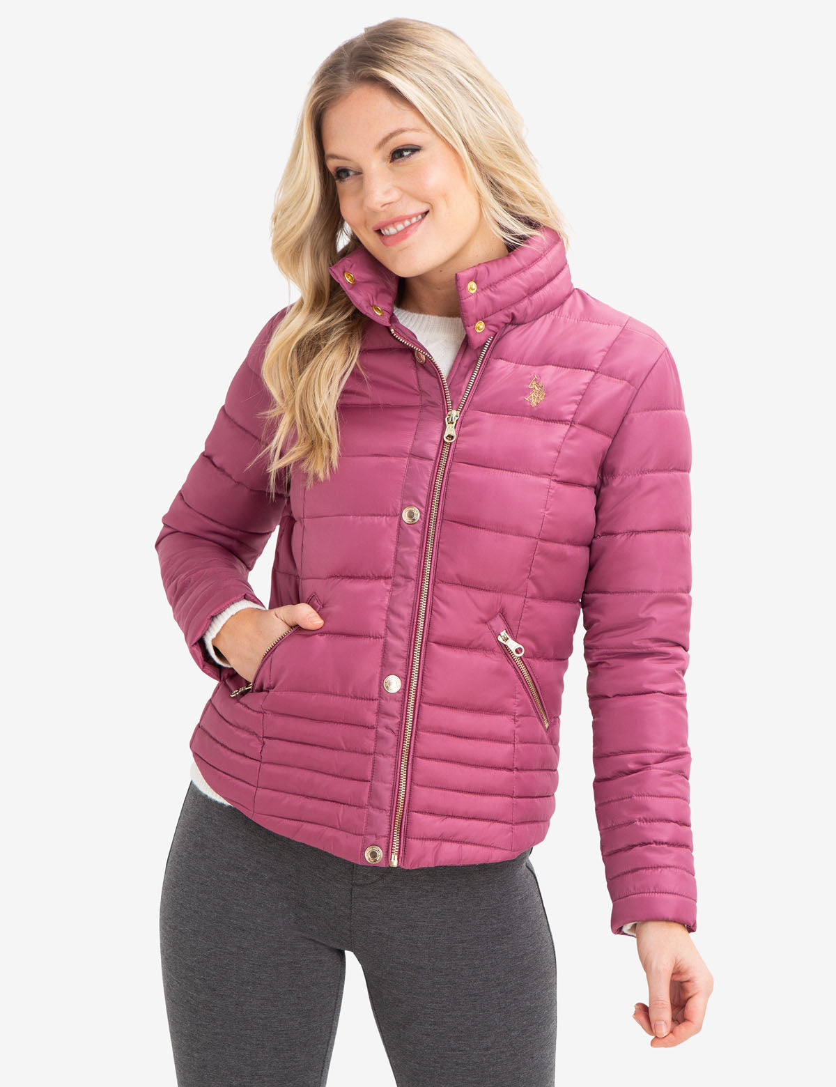 Women's Puffer Coat with Zippered Pockets - Lightweight Polyester Jacket